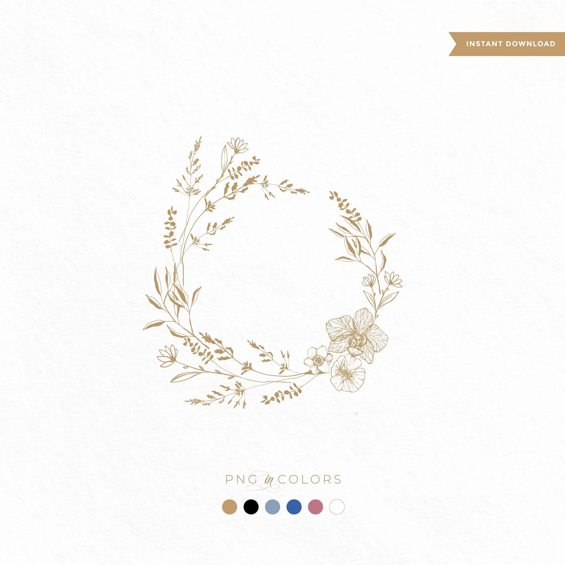 Editable boho floral wreath wedding logo with hand-drawn flowers – fine art monogram design in 6 PNG colors and SVG format