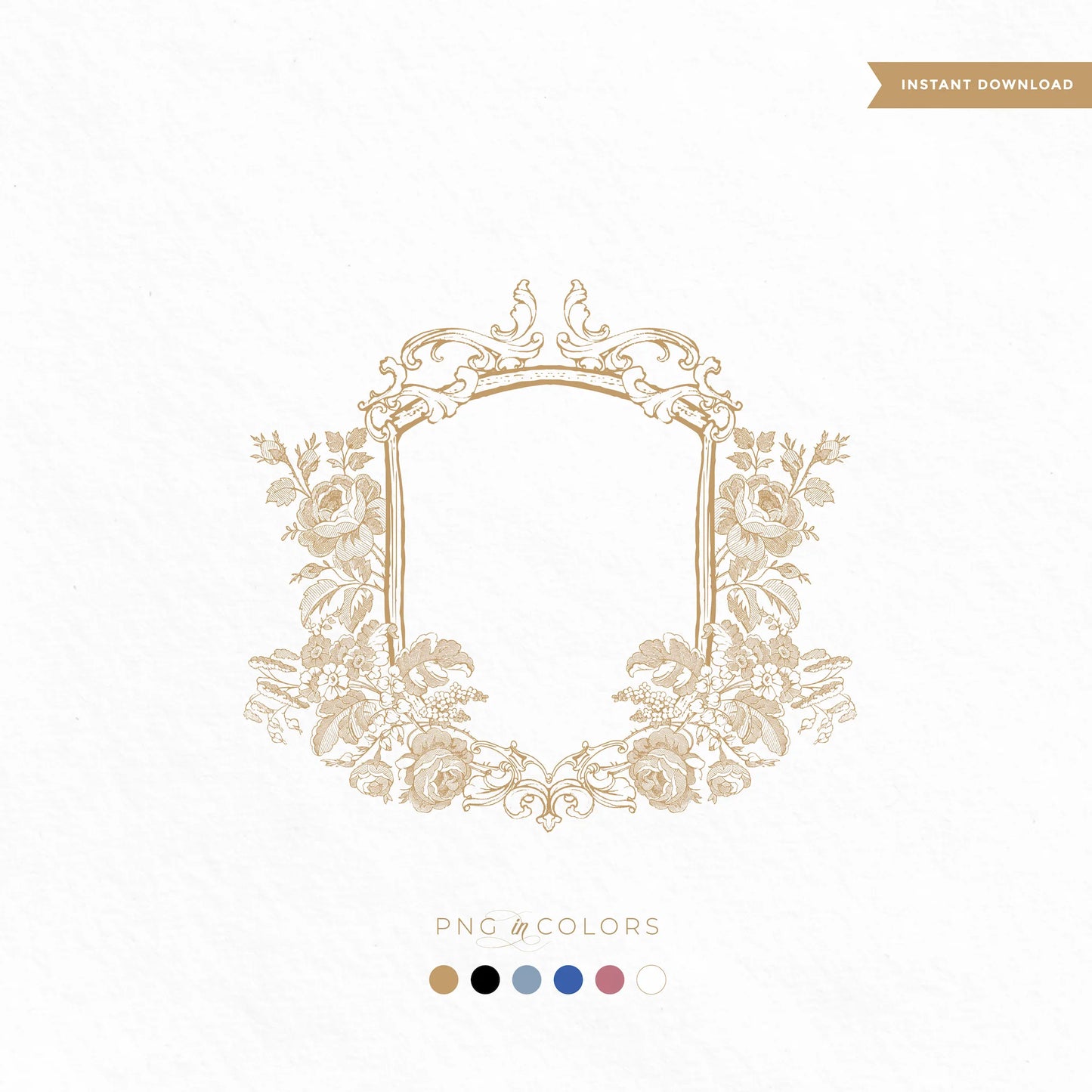 Editable boho floral crest logo with vintage roses and scrollwork – fine art wedding monogram in 6 PNG colors and SVG format