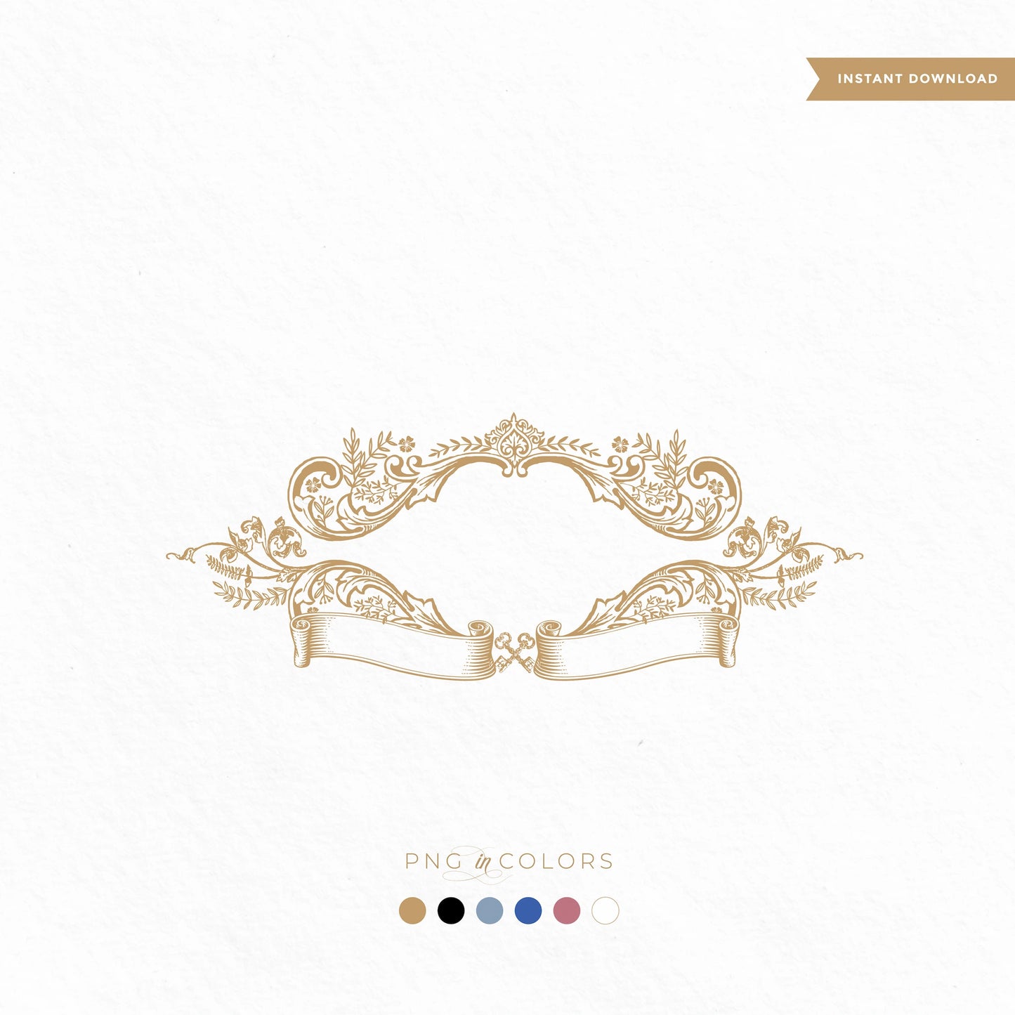 High-resolution floral wedding crest banner with ornate line art and scroll ribbon in gold, ideal for invitations, stickers, and branding