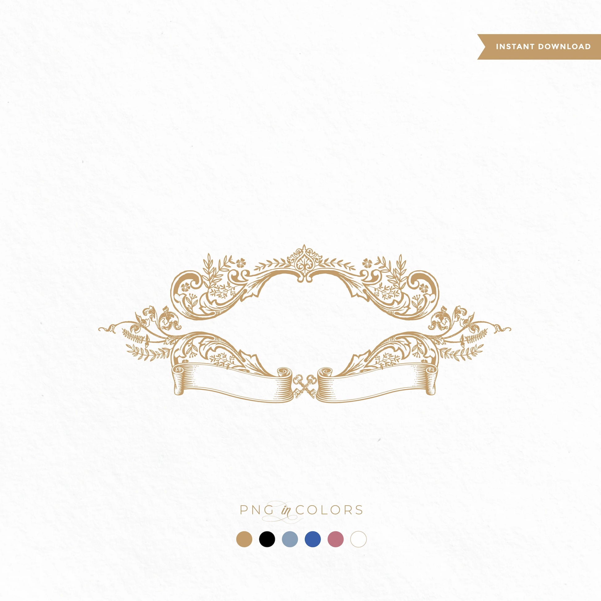 High-resolution floral wedding crest banner with ornate line art and scroll ribbon in gold, ideal for invitations, stickers, and branding