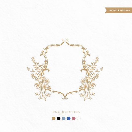 romantic boho floral crest SVG design in gold displayed on handmade paper and packaging, fine art wedding monogram logo by linvitinstant