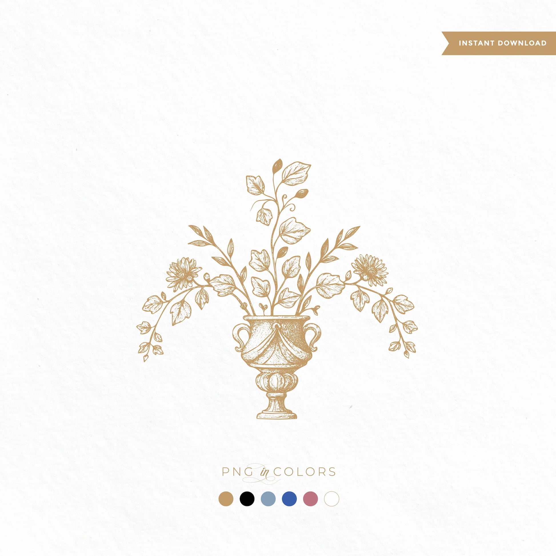 Editable boho floral wedding logo with hand drawn urn and botanical stems | rustic wedding crest PNG SVG in 6 color options