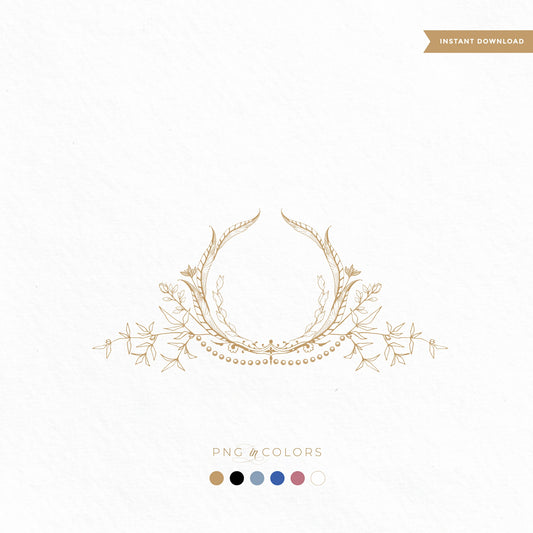Line art boho wedding crest SVG with botanical crescent, pearls, and florals — editable digital logo in 6 refined earthy tones