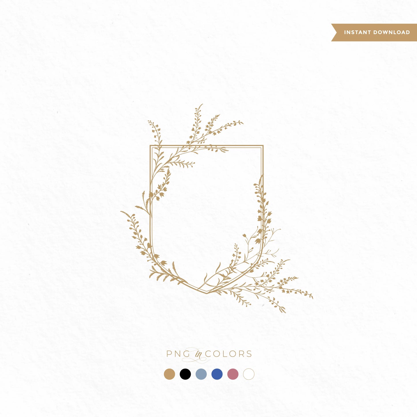 Elegant floral wedding logo crest SVG with asymmetrical botanical line art in 6 PNG colors — includes gold, black, dusty blue, rose mauve, white, and blush beige.