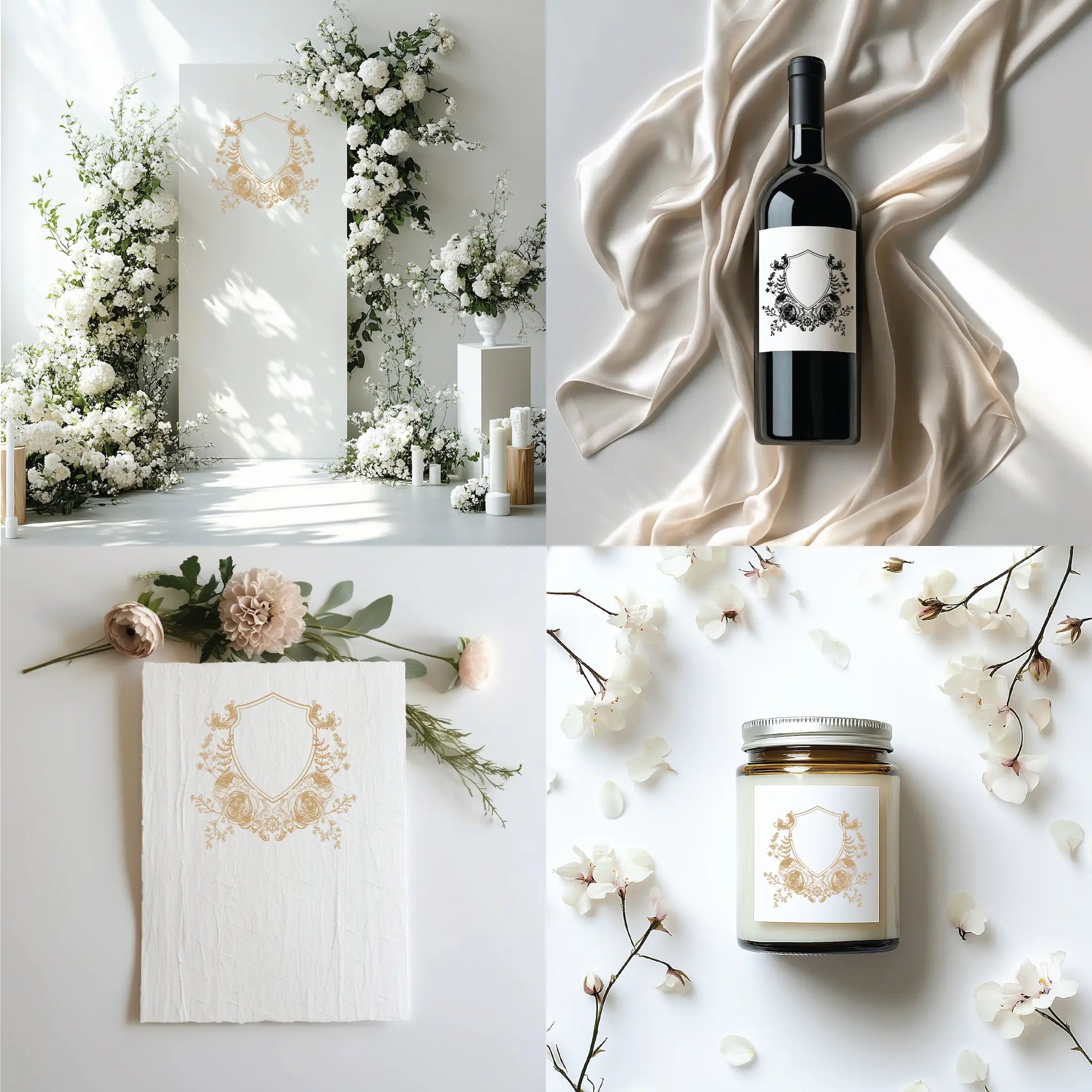 Chinoiserie peony wedding crest in fine art gold displayed on a luxury ceremony arch, wine label, handmade paper invitation, and candle – elegant monogram design for destination weddings