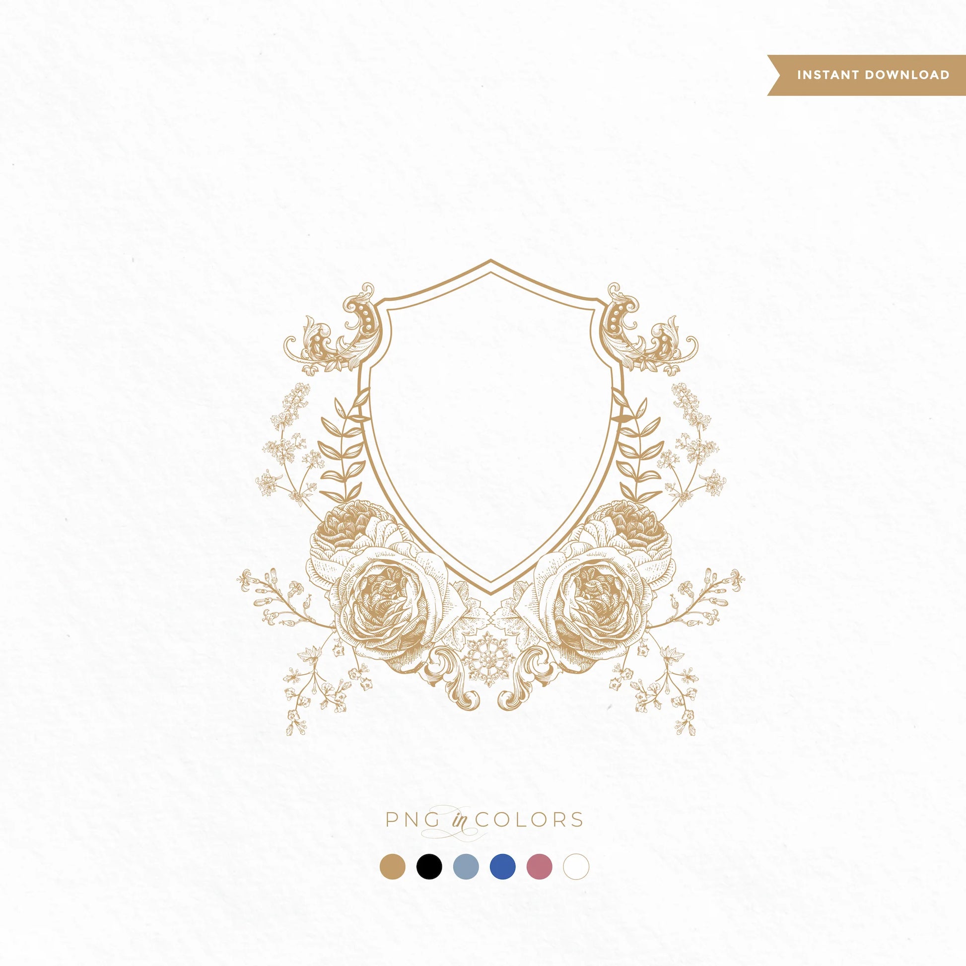 Chinoiserie-style floral wedding crest with detailed peony and rose motifs in gold – fine art monogram shield for luxury wedding invitations and personalized stationery branding