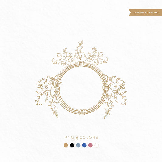 Editable vintage floral wedding crest with delicate spring flowers – fine art monogram logo design in 6 color PNGs and SVG format