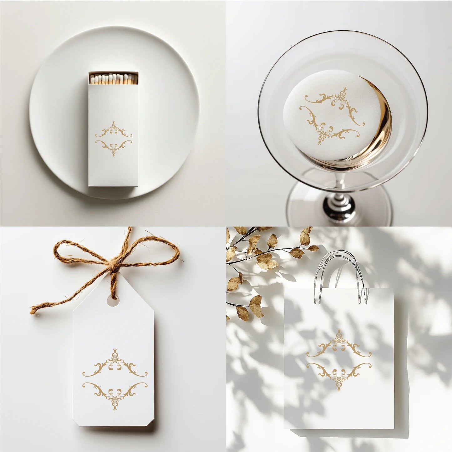 Elegant gold wedding monogram crest on matchbox, cocktail detail, gift tag, and boutique shopping bag — perfect for fine art wedding details and upscale event branding.