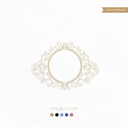 Ornate gold vintage wedding monogram crest template in PNG with color options – fine art wedding logo for luxury invitations and branding by LinvitInstant
