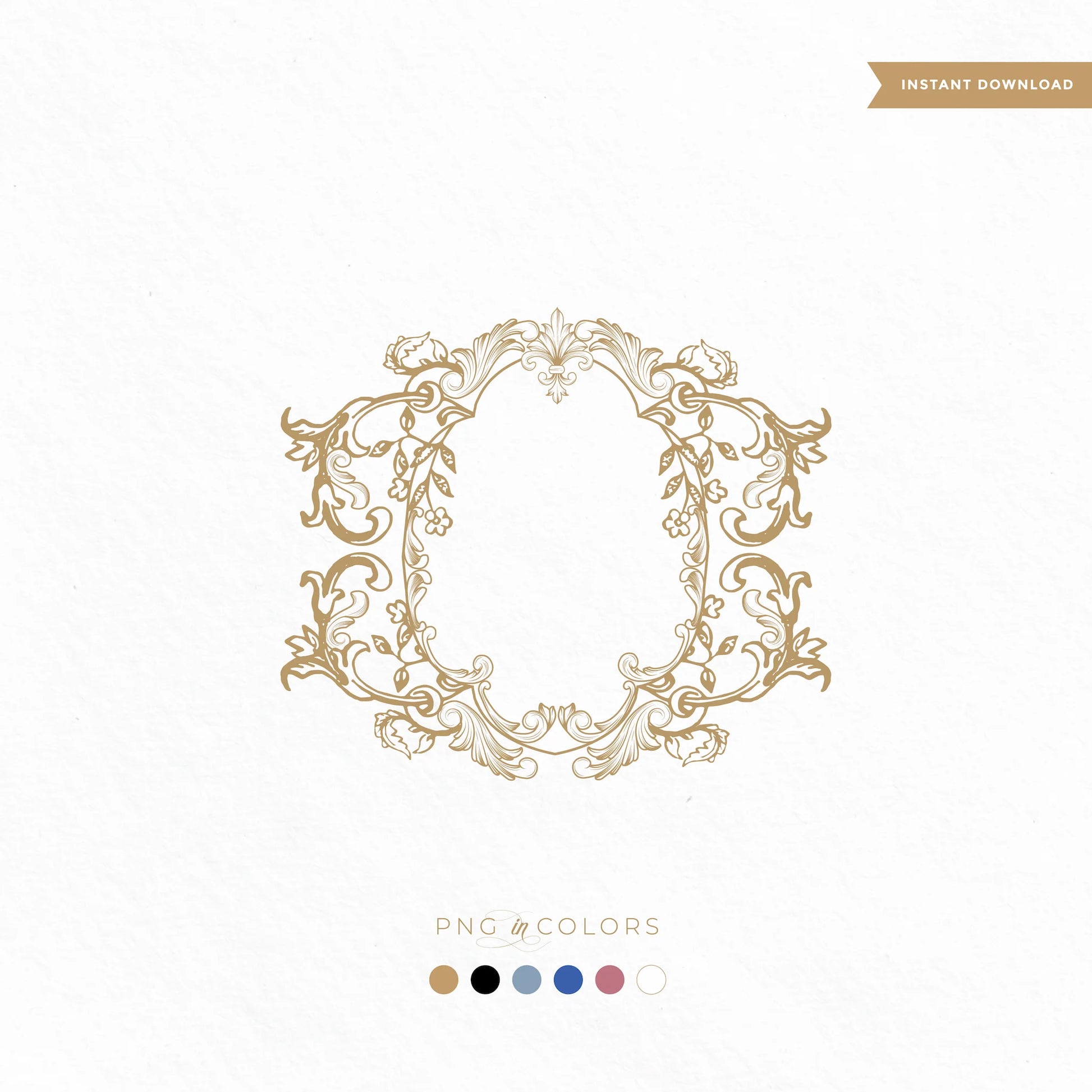 Gold fine art wedding monogram crest with floral scrollwork and baroque detailing – available as editable SVG and PNG for timeless luxury wedding branding

