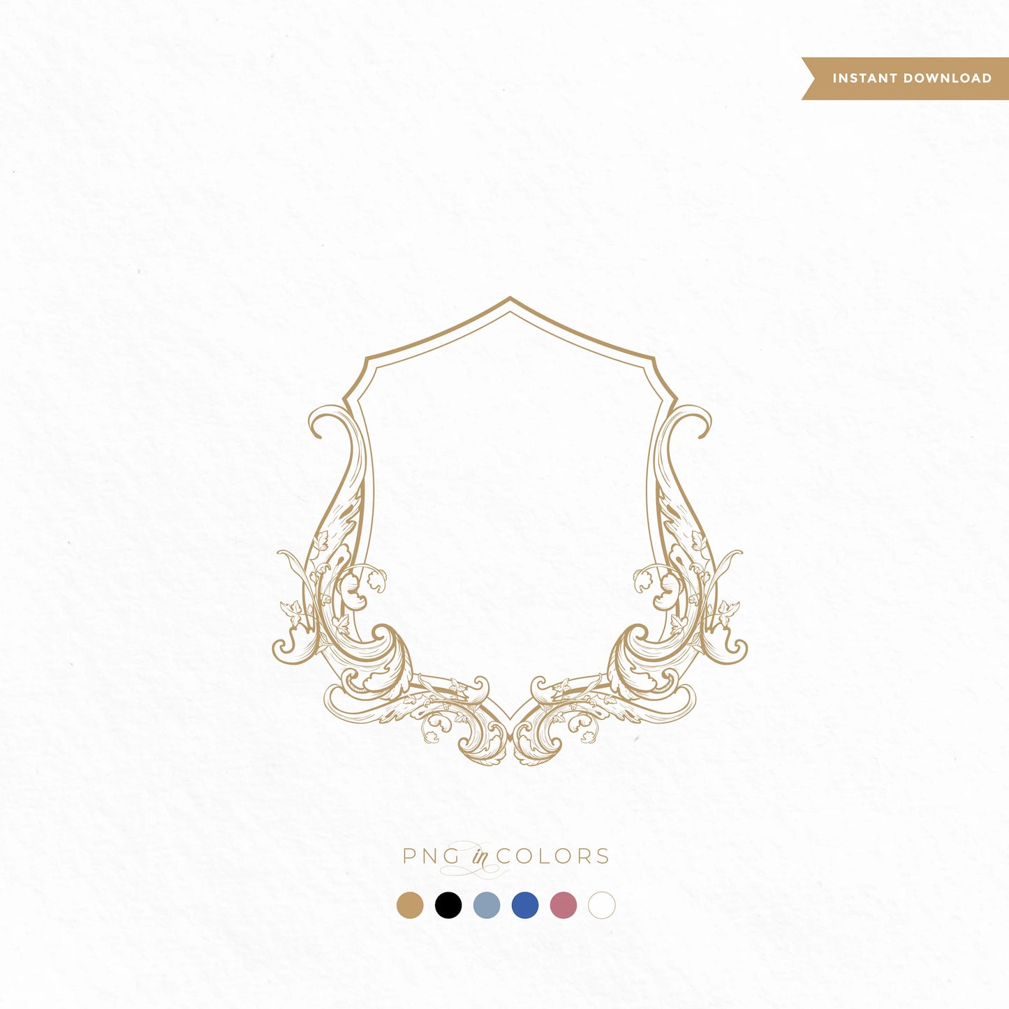 Elegant wedding ceremony backdrop with classic gold crest monogram, surrounded by lush white floral arrangements.