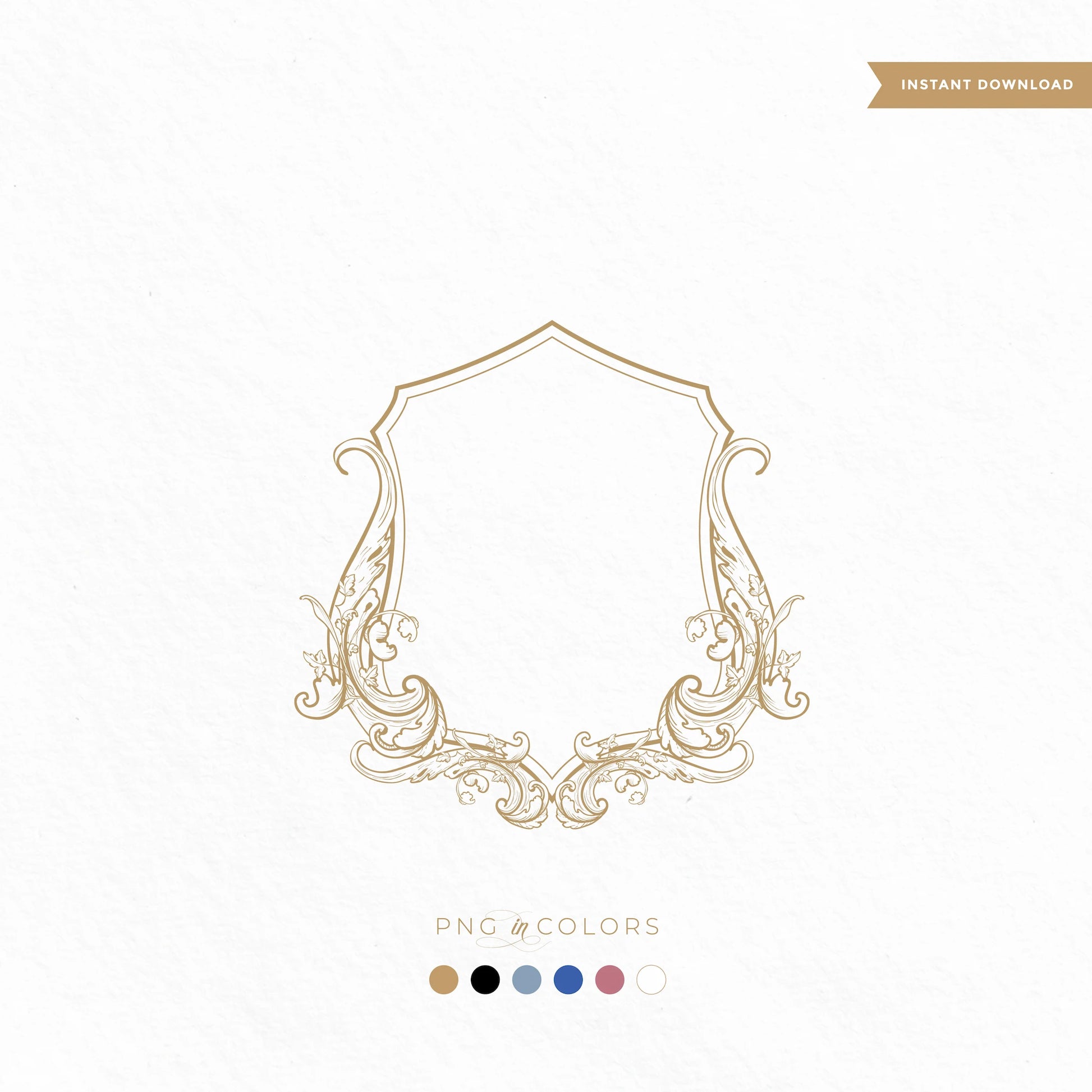 Elegant wedding ceremony backdrop with classic gold crest monogram, surrounded by lush white floral arrangements.