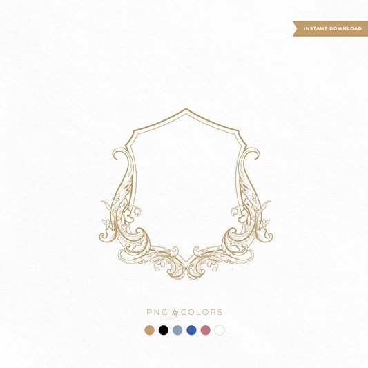 Elegant wedding ceremony backdrop with classic gold crest monogram, surrounded by lush white floral arrangements.