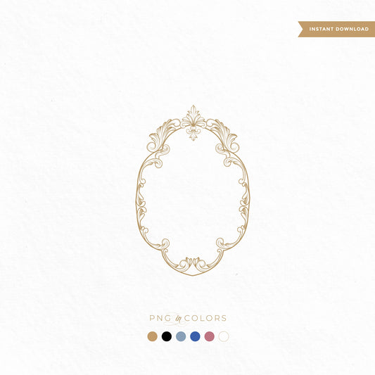 Gold oval wedding crest with vintage scrollwork – classic fine art monogram logo available in SVG and PNG for custom invitations, foil printing, and wedding branding