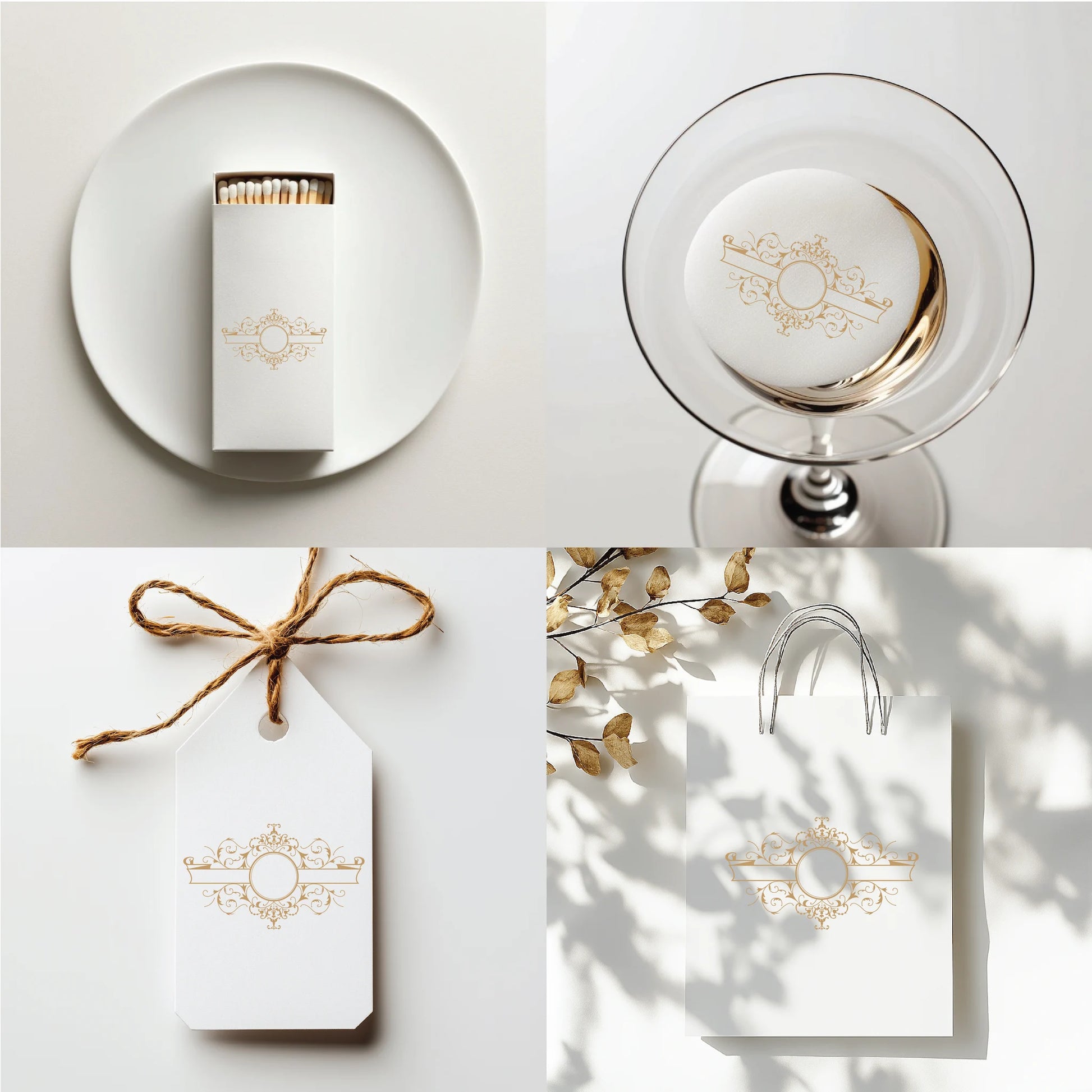 Elegant classic wedding logo with scrollwork and round crest printed on matchbox, cocktail detail, hang tag, and gift bag — ideal for timeless wedding branding and stationery by LinvitInstant.