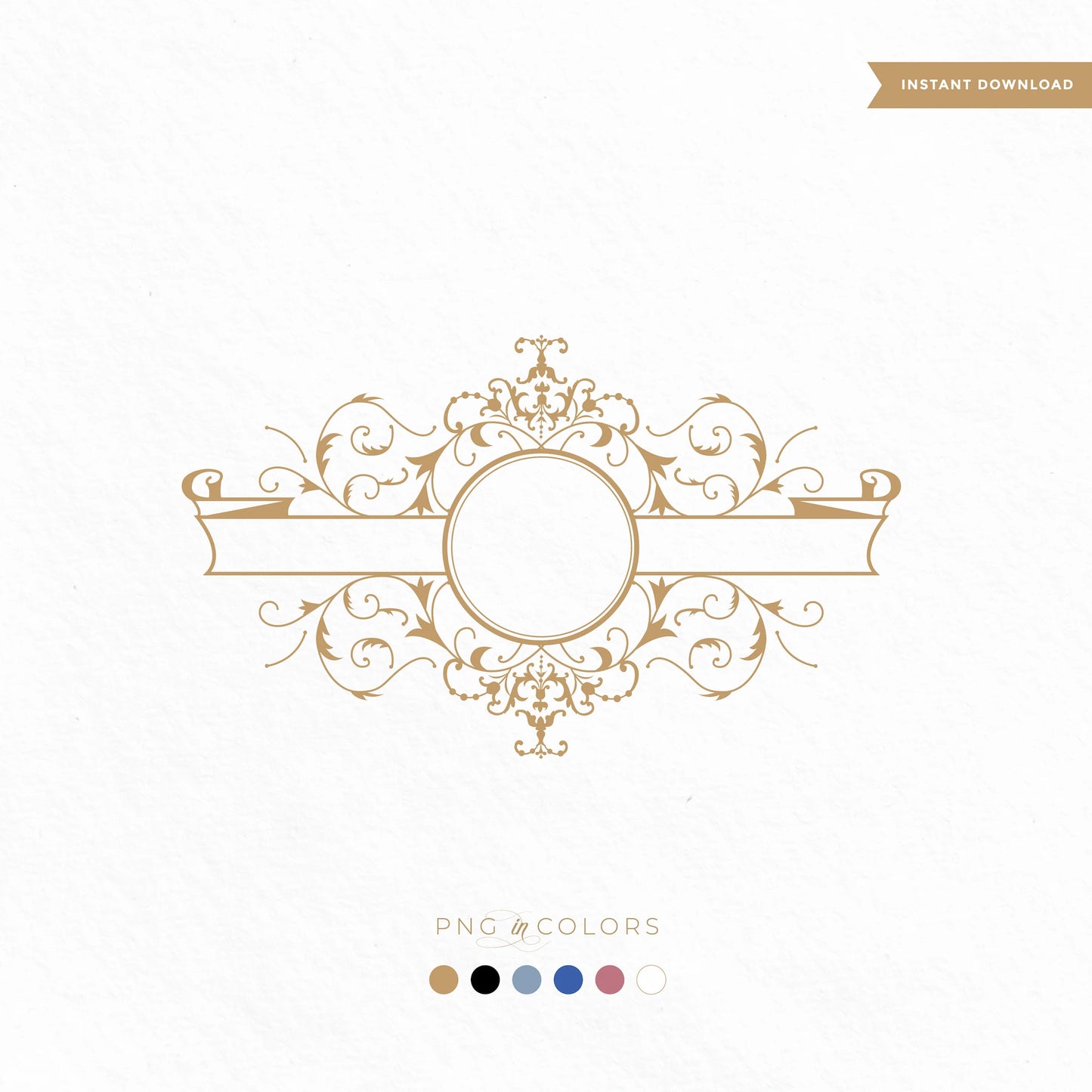 Baroque-style wedding logo crest with center circle and decorative scroll banner — fine art classic monogram in gold, black, rose, and white PNG & SVG by LinvitInstant.