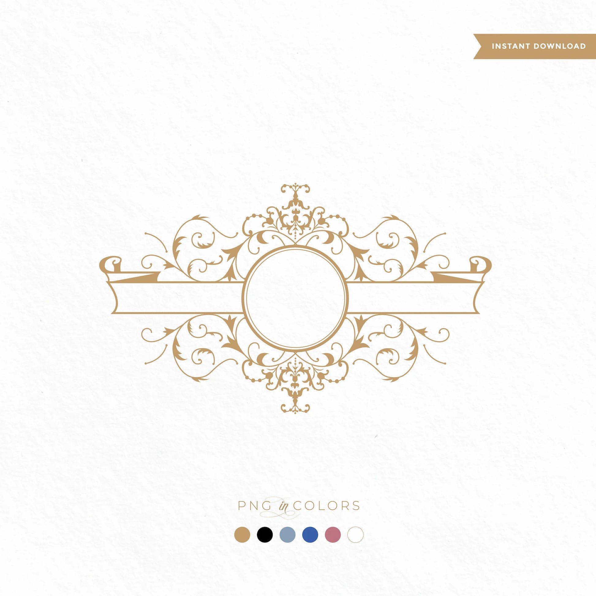 Baroque-style wedding logo crest with center circle and decorative scroll banner — fine art classic monogram in gold, black, rose, and white PNG & SVG by LinvitInstant.