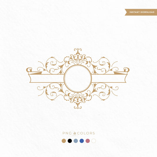 Baroque-style wedding logo crest with center circle and decorative scroll banner — fine art classic monogram in gold, black, rose, and white PNG & SVG by LinvitInstant.