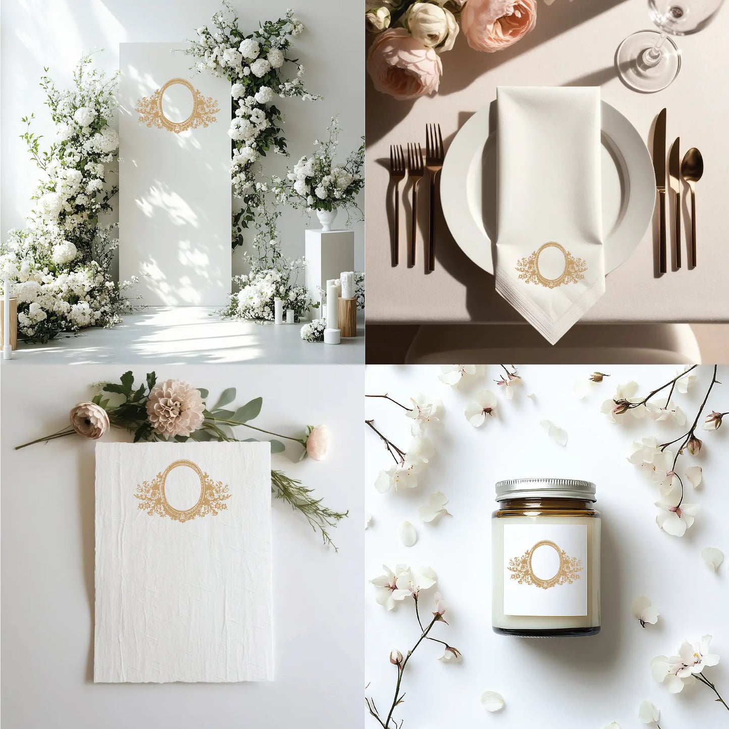 Custom vintage monogram wedding crest with floral oval frame, featured on signage, napkins, handmade paper, and favor candle labels SVG

