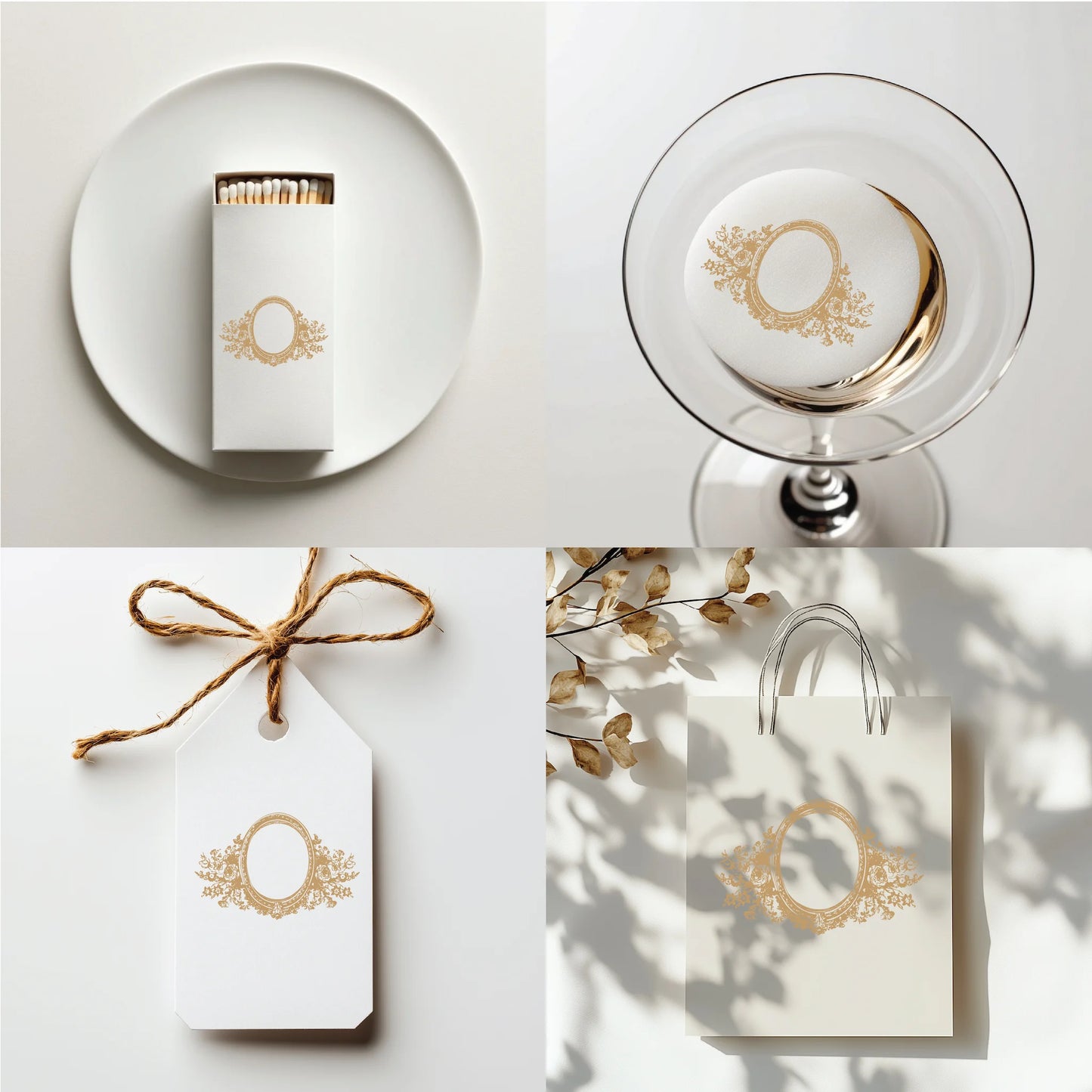 Elegant floral oval crest logo design on matchboxes, cocktail toppers, gift tags, and wedding favor bags for personalized PNG decor branding