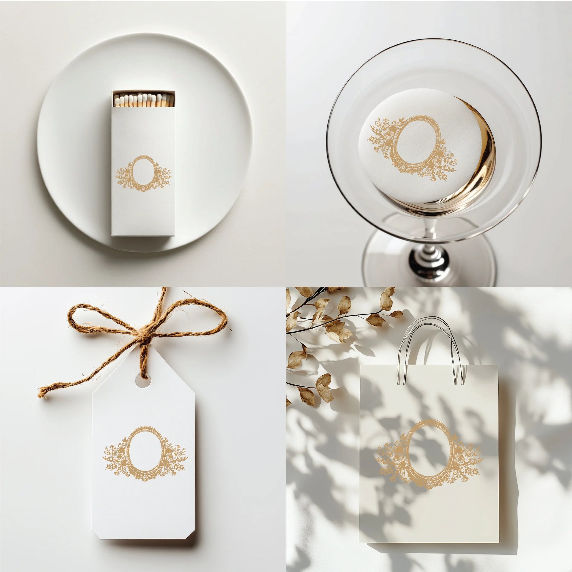 Elegant floral oval crest logo design on matchboxes, cocktail toppers, gift tags, and wedding favor bags for personalized PNG decor branding