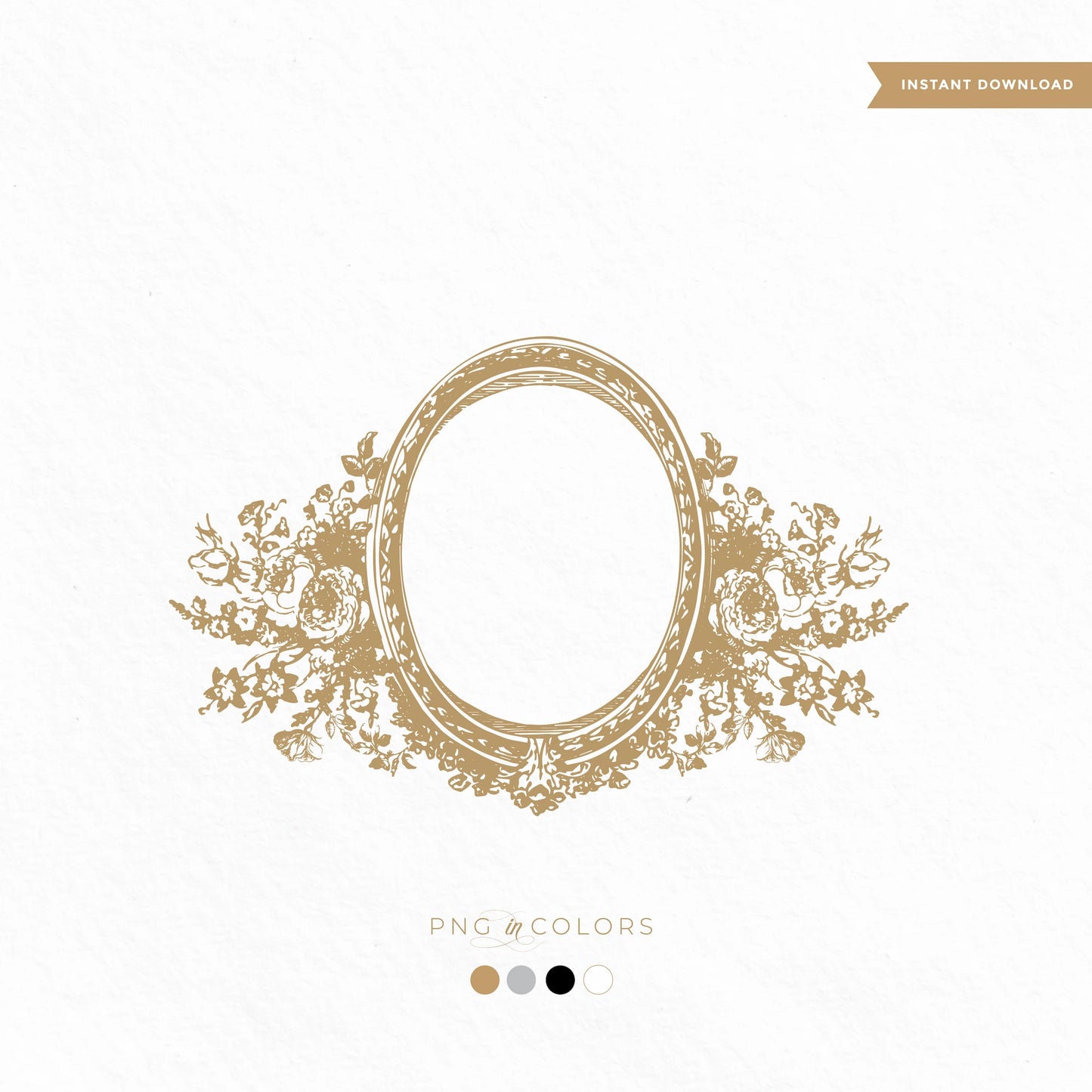 Vintage floral wedding crest with oval monogram frame and hand-drawn florals, editable PNG in 4 color options for elegant logo download use