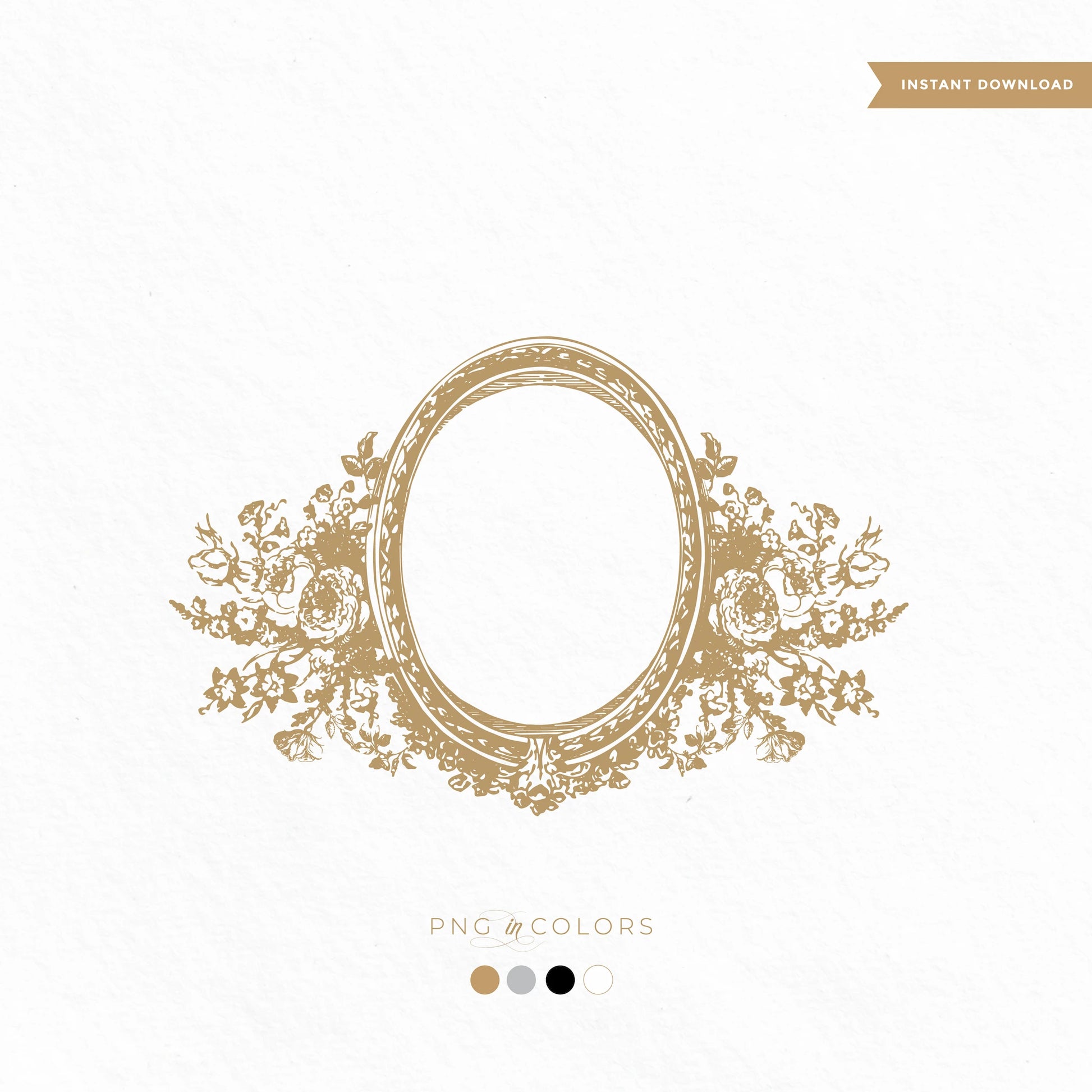 Vintage floral wedding crest with oval monogram frame and hand-drawn florals, editable PNG in 4 color options for elegant logo download use