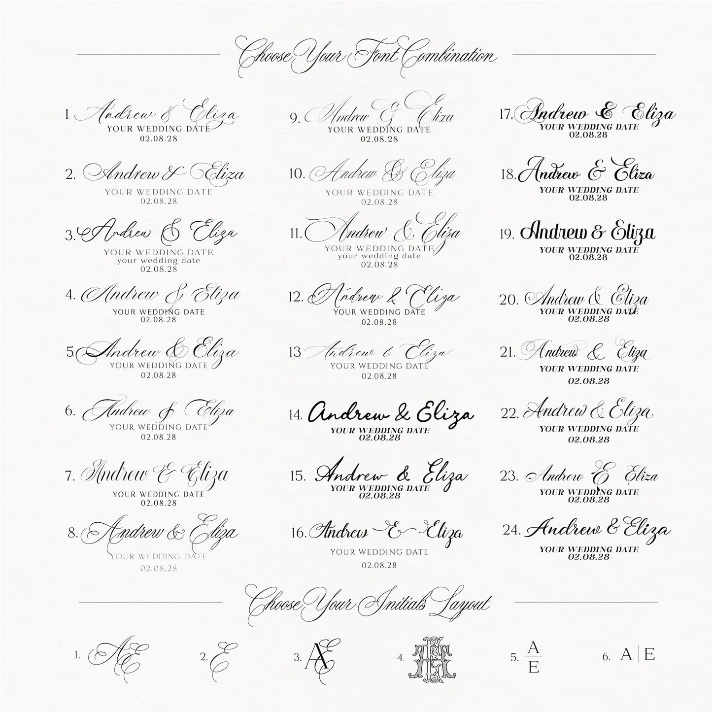A wedding invitation card template featuring elegant cursive typography on a light cream background. The design includes sections for 'Choose Your First Combination' with numbered options from A to Z, 'Choose Your Initials Layout' with monogram choices, and 'To Be' text placeholders.