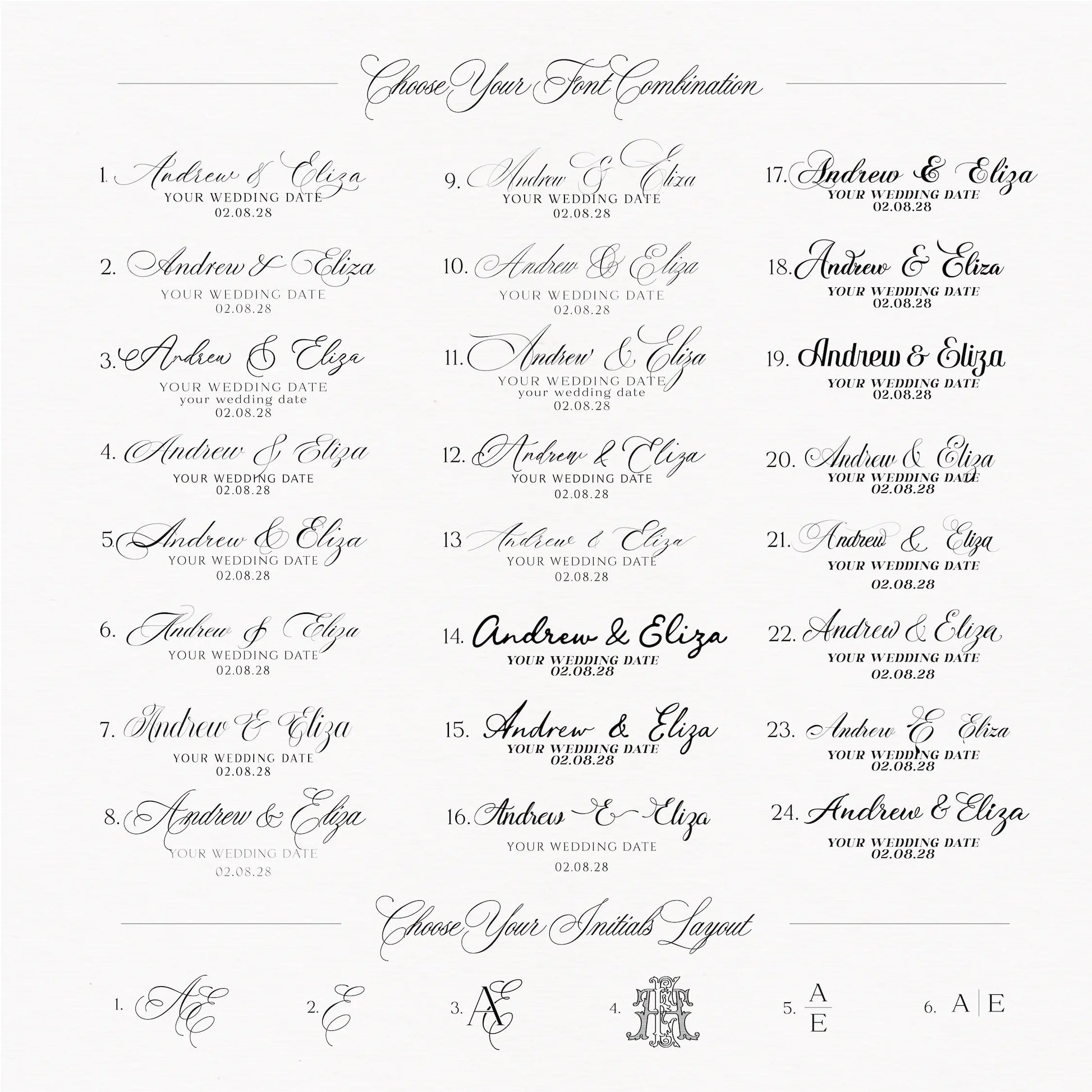 A wedding invitation card template featuring elegant cursive typography on a light cream background. The design includes sections for 'Choose Your First Combination' with numbered options from A to Z, 'Choose Your Initials Layout' with monogram choices, and 'To Be' text placeholders.