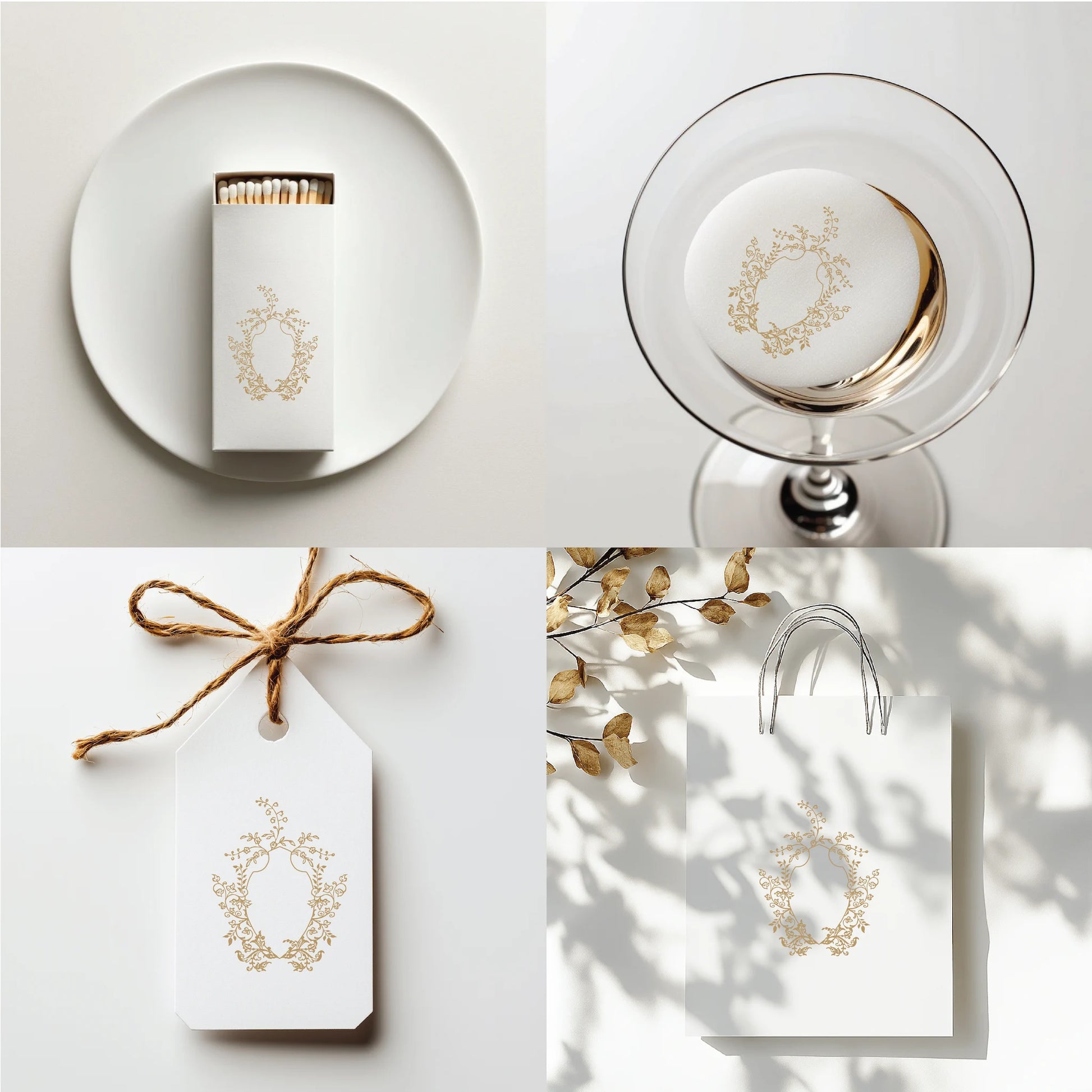 Delicate floral wedding crest logo printed on luxury wedding favors: matchbox, cocktail napkin, favor tag, and fine art gift bag – ideal for premium monogram branding
