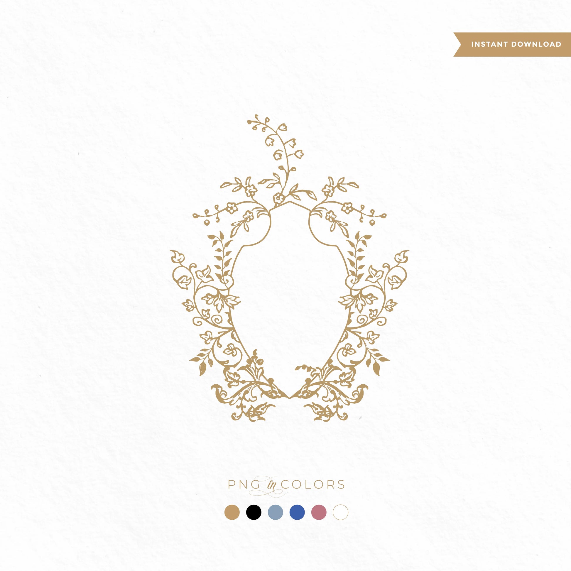 Hand-drawn vintage floral wedding monogram crest in gold, shown on handmade paper with multiple color PNG options – perfect for fine art invitation and branding use