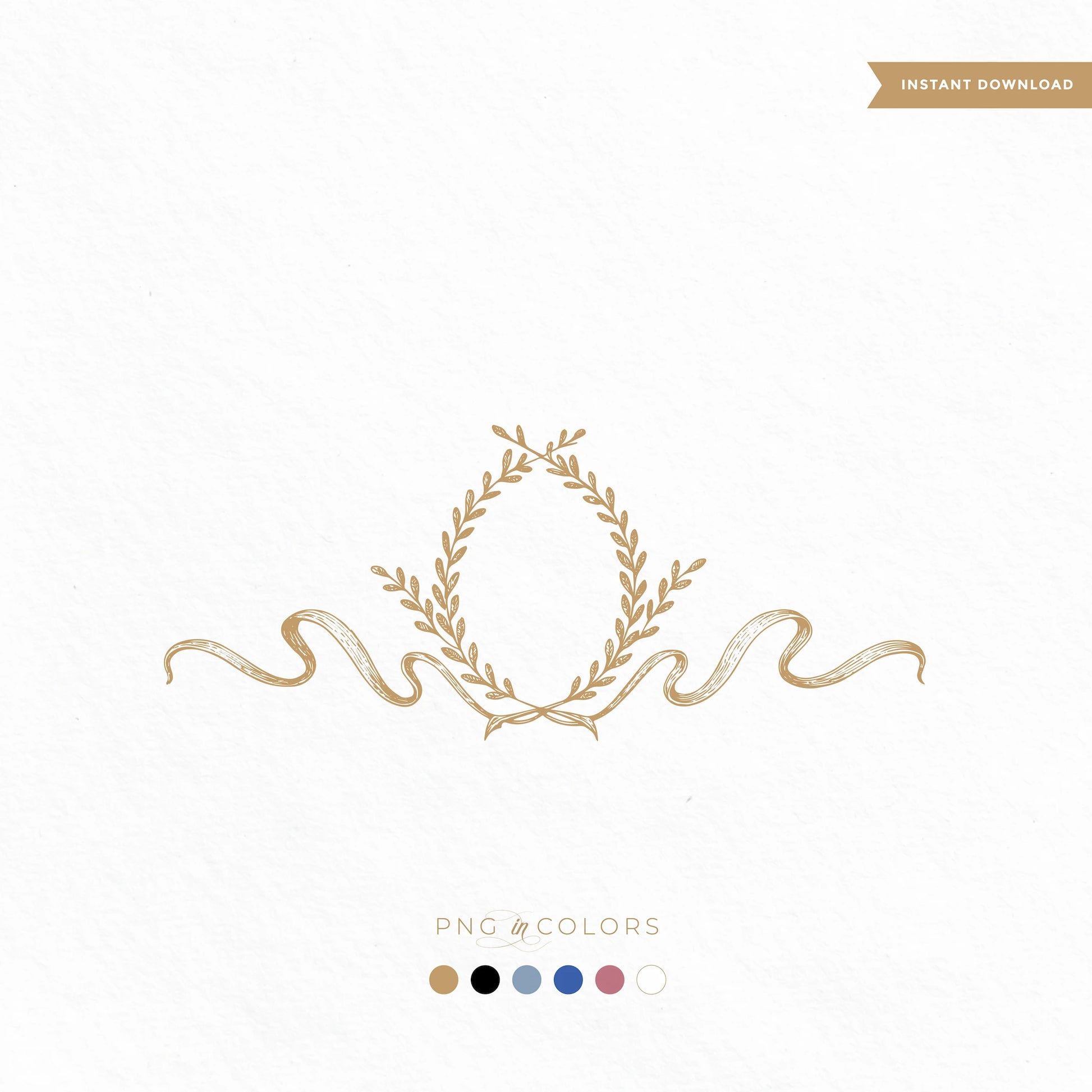 Fine art engraved wedding crest design in six colors with laurel wreath and ribbon frame — instant download SVG and PNG files.
