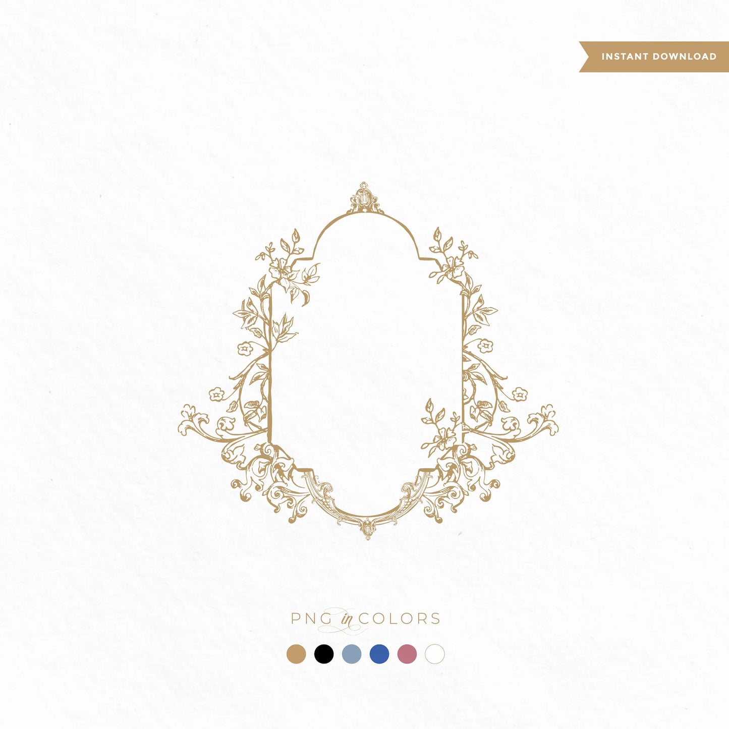 Vintage floral wedding crest with elegant botanical frame — editable wedding monogram logo PNG and SVG in gold, rose, blue, black, ivory by linvitinstant