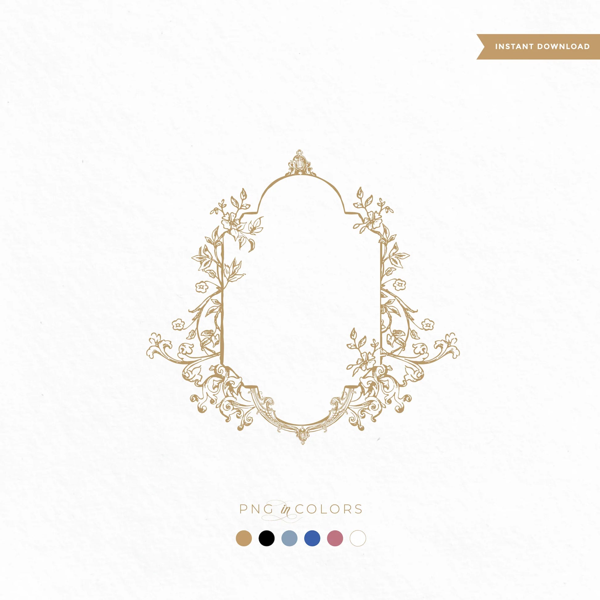 Vintage floral wedding crest with elegant botanical frame — editable wedding monogram logo PNG and SVG in gold, rose, blue, black, ivory by linvitinstant