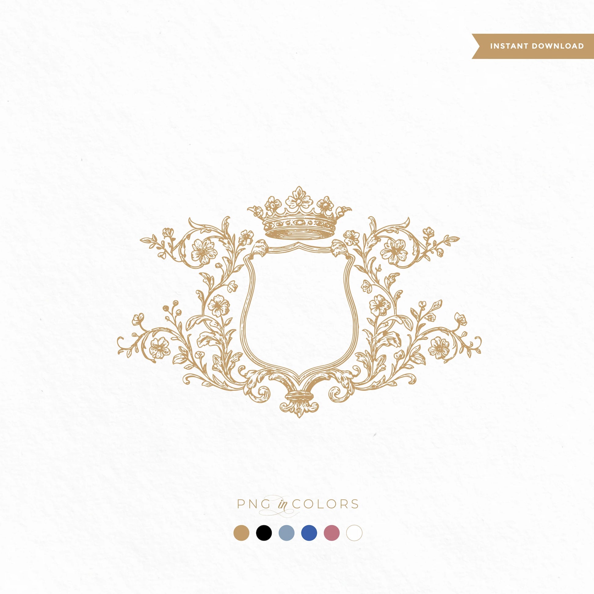 Editable floral crest wedding monogram with crown | elegant wedding logo PNG in gold, black, rose, and transparent colors