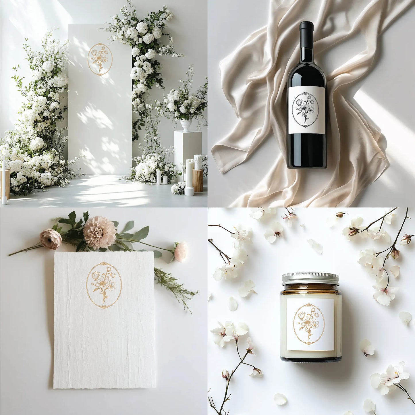 Elegant wedding ceremony setup featuring a floral monogram crest displayed on a white panel, surrounded by white roses and greenery, with additional uses on wine label, invitation card, and candle jar for cohesive wedding branding.
