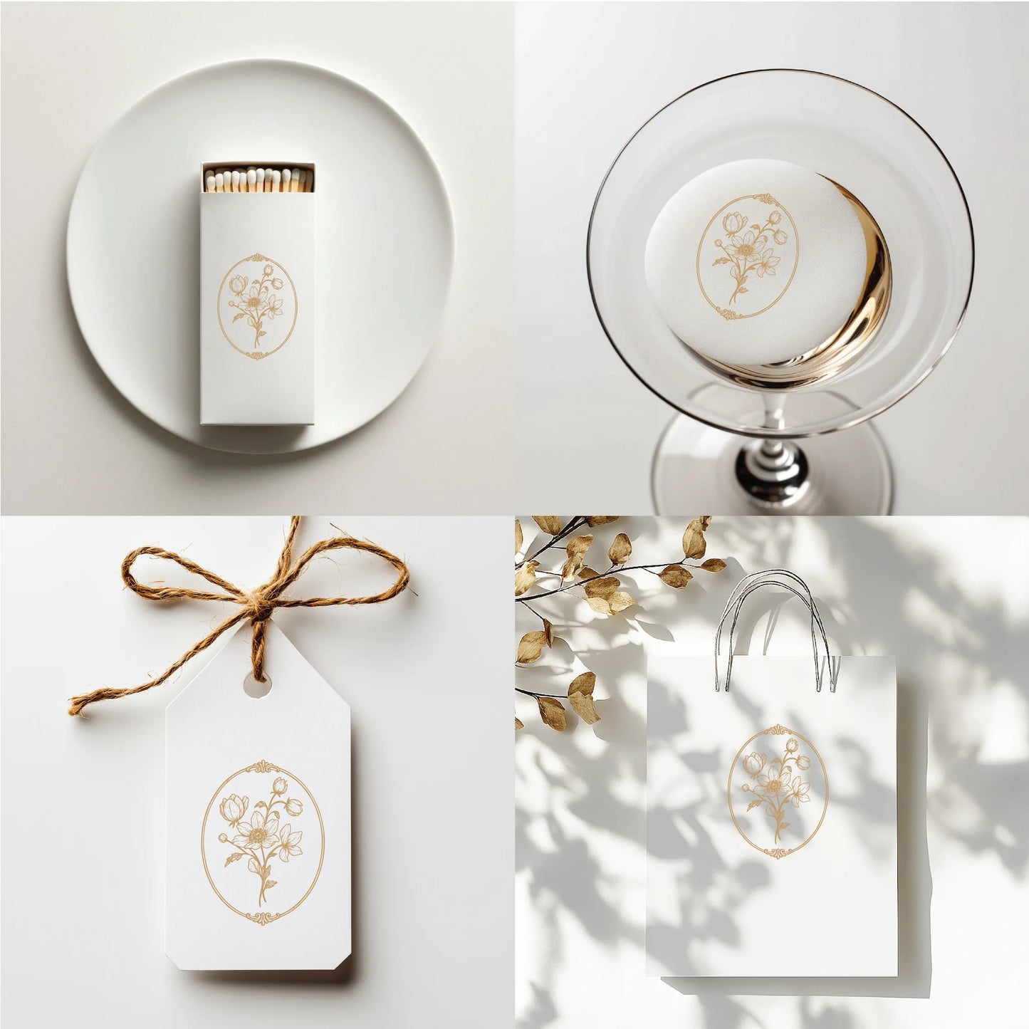 Modern floral wedding crest logo showcased on stylish wedding details — custom matchbox, cocktail stirrer, favor tag, and gift bag — perfect for elegant, cohesive wedding stationery and keepsakes.