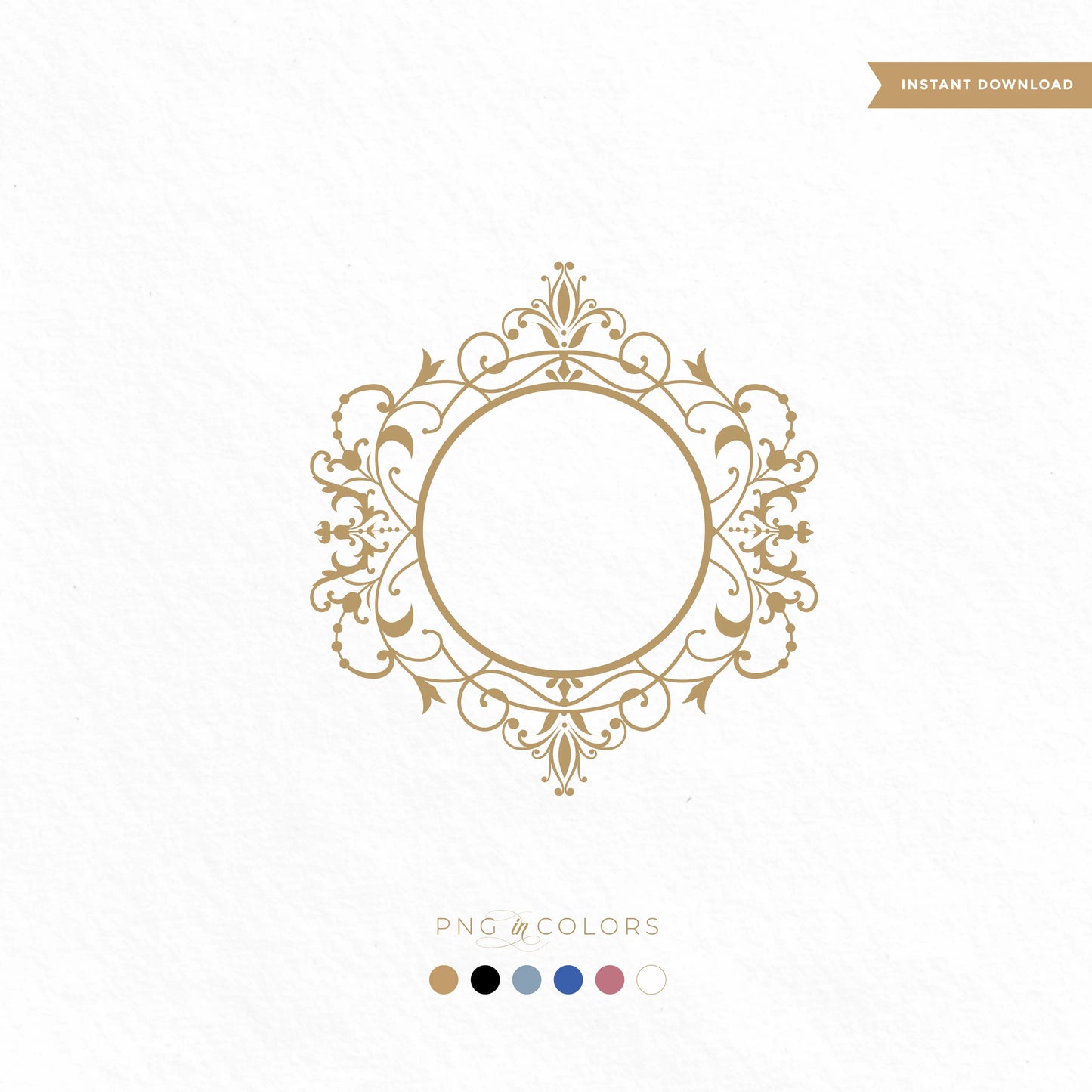 Gold ornate wedding monogram crest in vector and PNG formats on textured white background — includes round frame with vintage baroque floral swirls, ideal for invitations and stationery.

