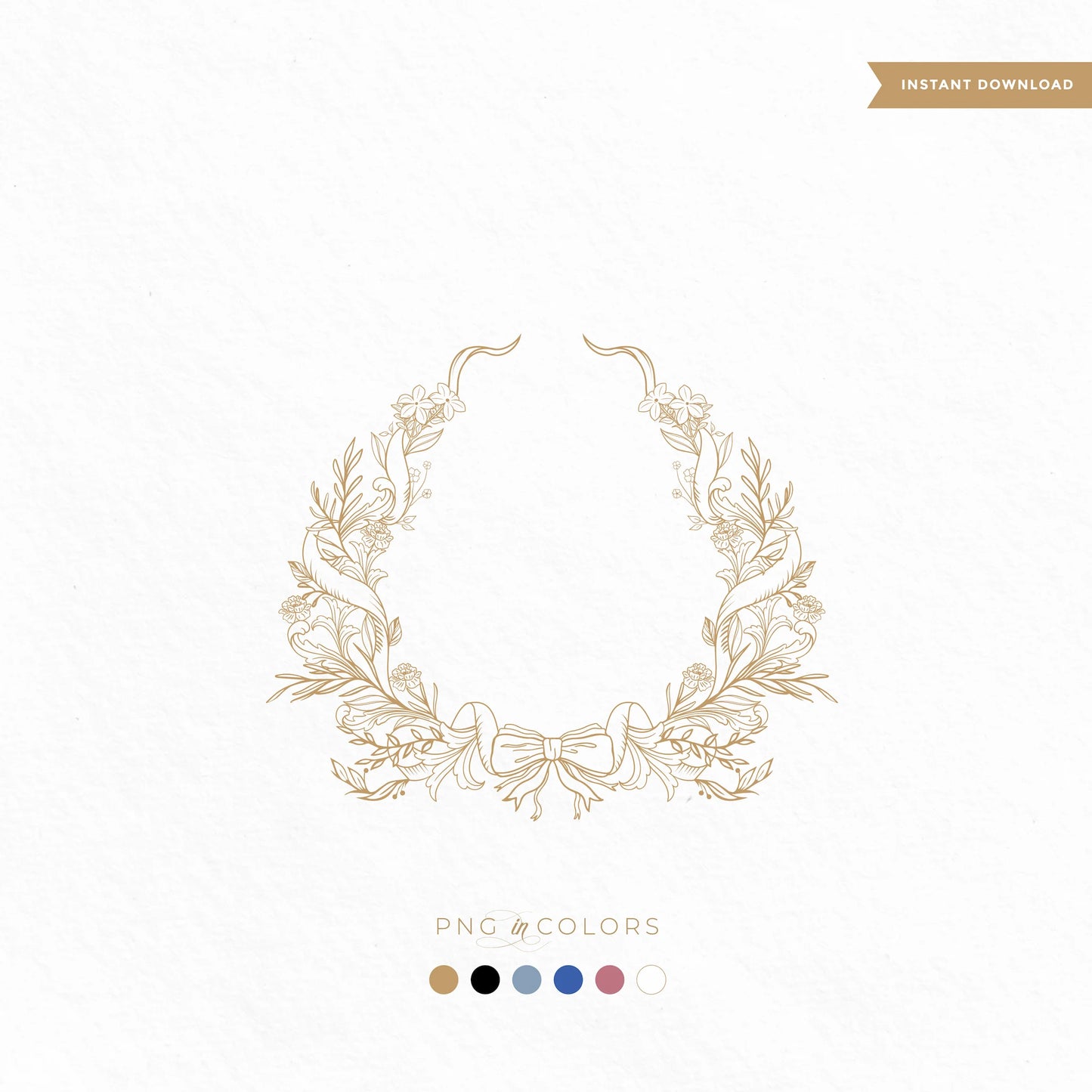 Hand-drawn floral wreath crest logo PNG in gold – fine art line art crest for luxury wedding branding and stationery
