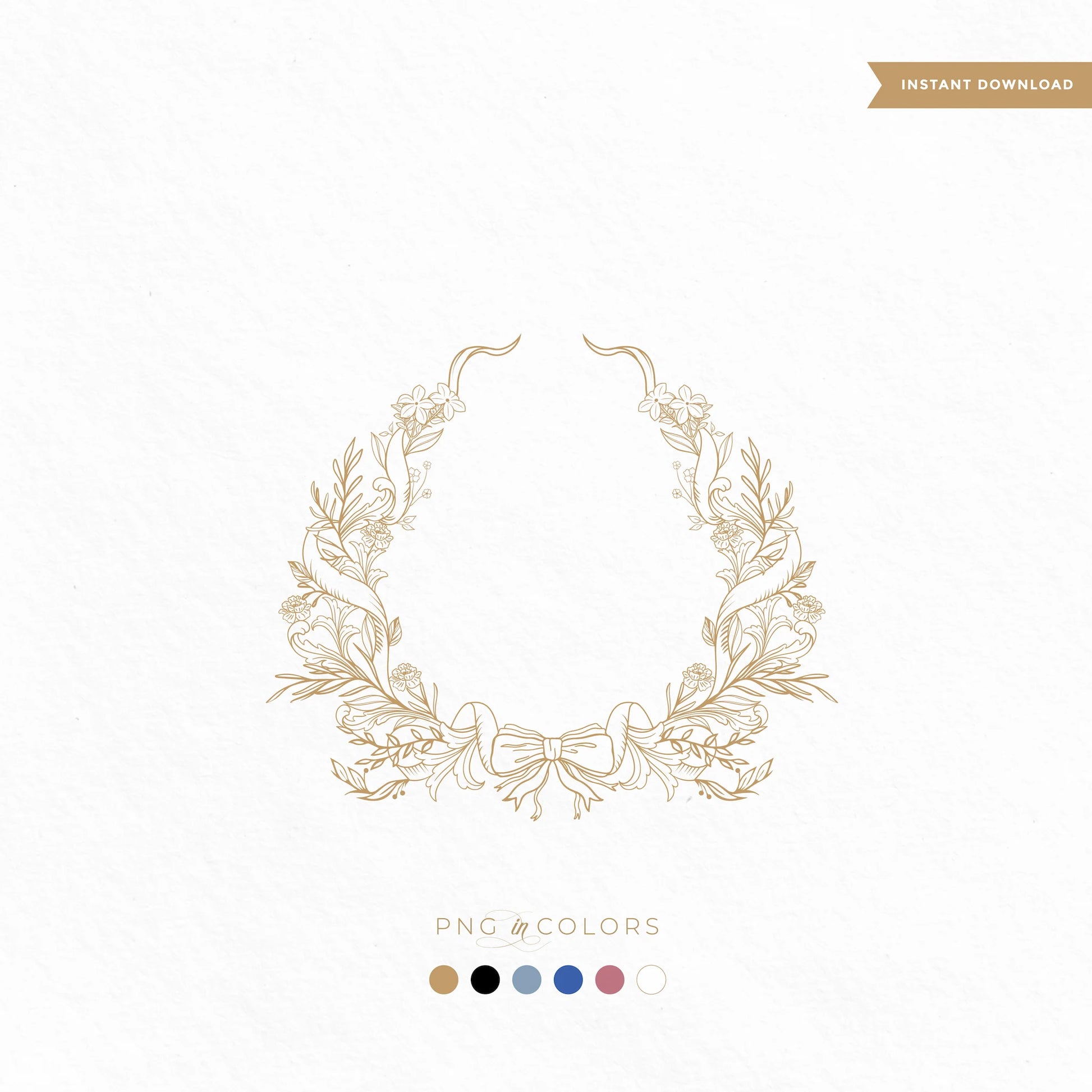Hand-drawn floral wreath crest logo PNG in gold – fine art line art crest for luxury wedding branding and stationery