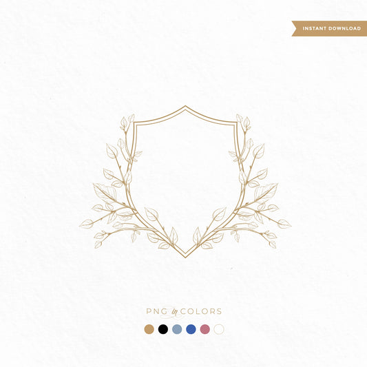 Fine line leafy crest with botanical shield frame in gold — downloadable elegant wedding logo in SVG & PNG formats, with 6 color options for upscale stationery by LinvitInstant.