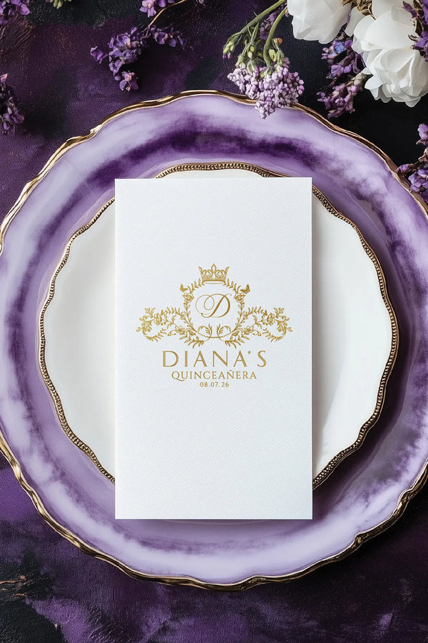 quinceañera logo design, napkin mockup demonstrating how the logo appears on party table settings