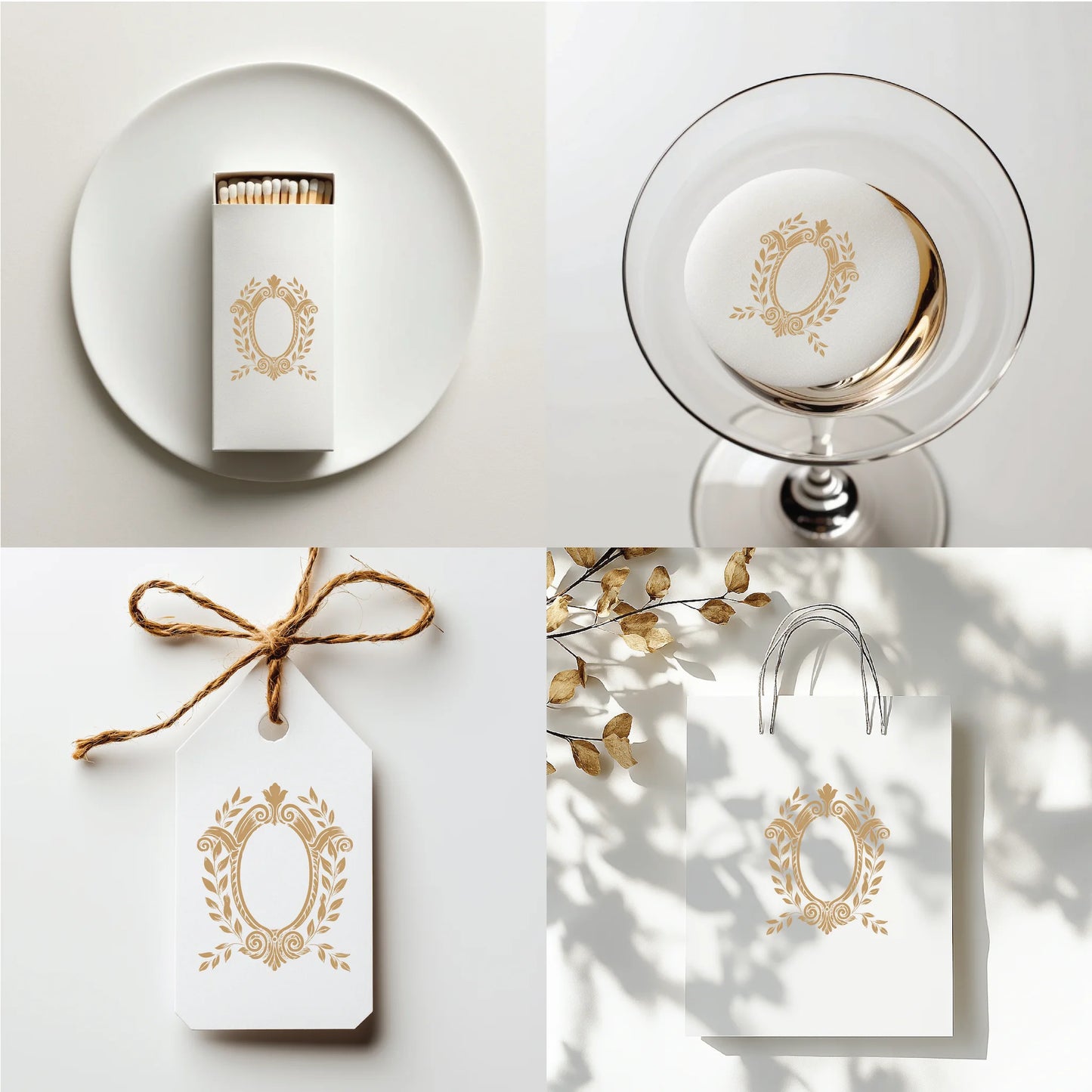 Luxury matchbox design with vintage-style wedding crest in gold, placed on elegant ceramic table setting for reception decor