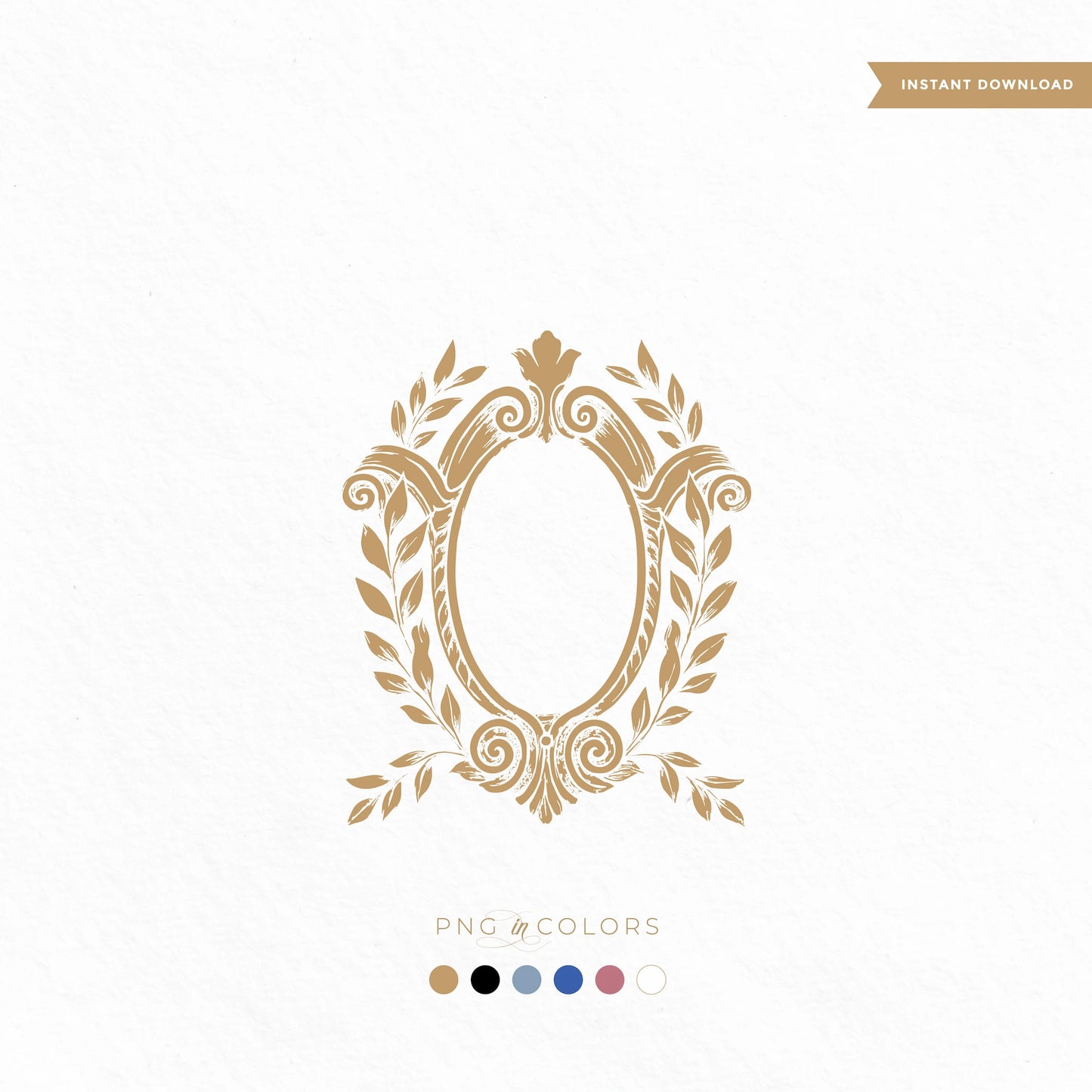 Digital product preview of a vintage leafy wedding crest logo in gold with oval center, ready for embossing, engraving, or personalized monogram use