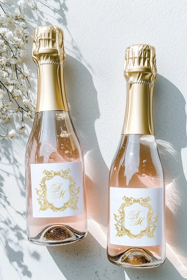 wedding monogram design, mockup of two mini champagne bottles demonstrating how the logo adapts to different sizes on a white background