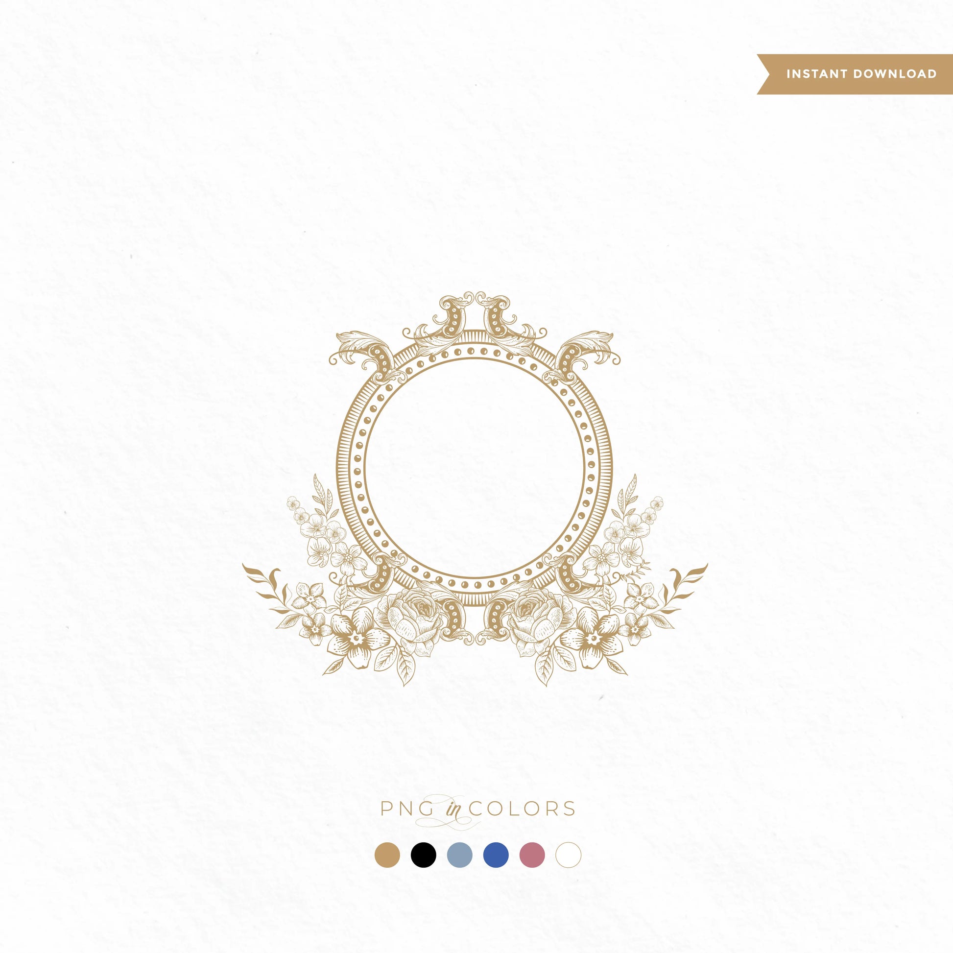 Editable floral wedding logo SVG with ornate round frame and rose crest – fine art bespoke monogram design in 6 PNG colors