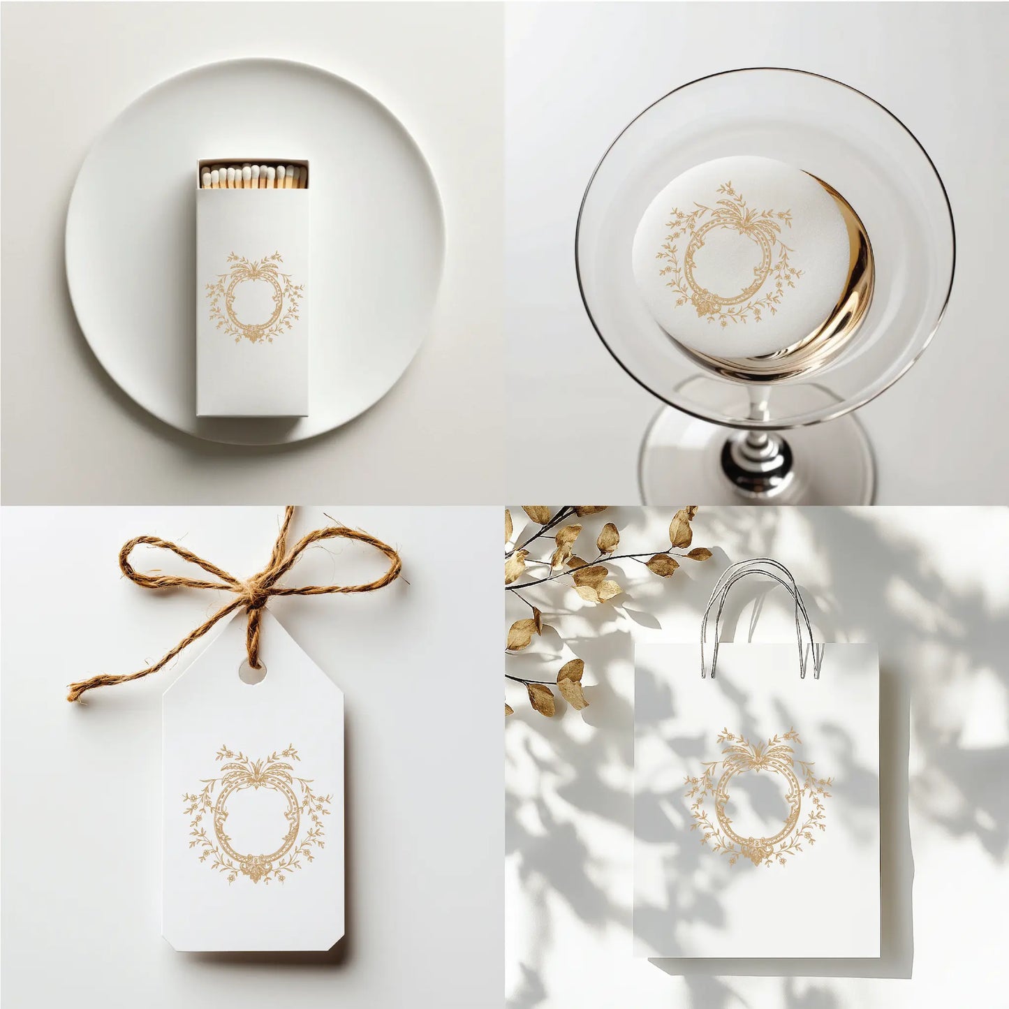 Fine art wedding crest with botanical detailing shown on matchbox, cocktail coaster, favor tag, and shopping bag – ideal for luxury wedding monogram designs.