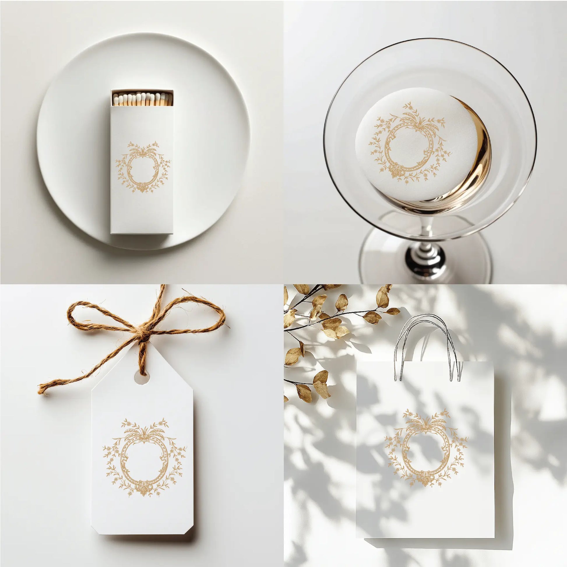 Fine art wedding crest with botanical detailing shown on matchbox, cocktail coaster, favor tag, and shopping bag – ideal for luxury wedding monogram designs.