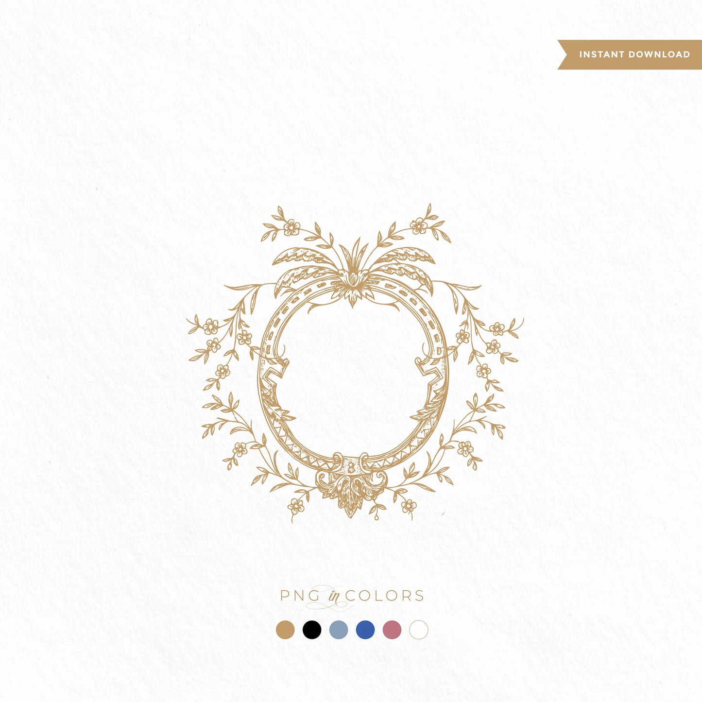 Hand-drawn floral crest SVG with vintage rococo frame and delicate botanical elements – includes gold, black, white, blue, and rose PNG color versions.