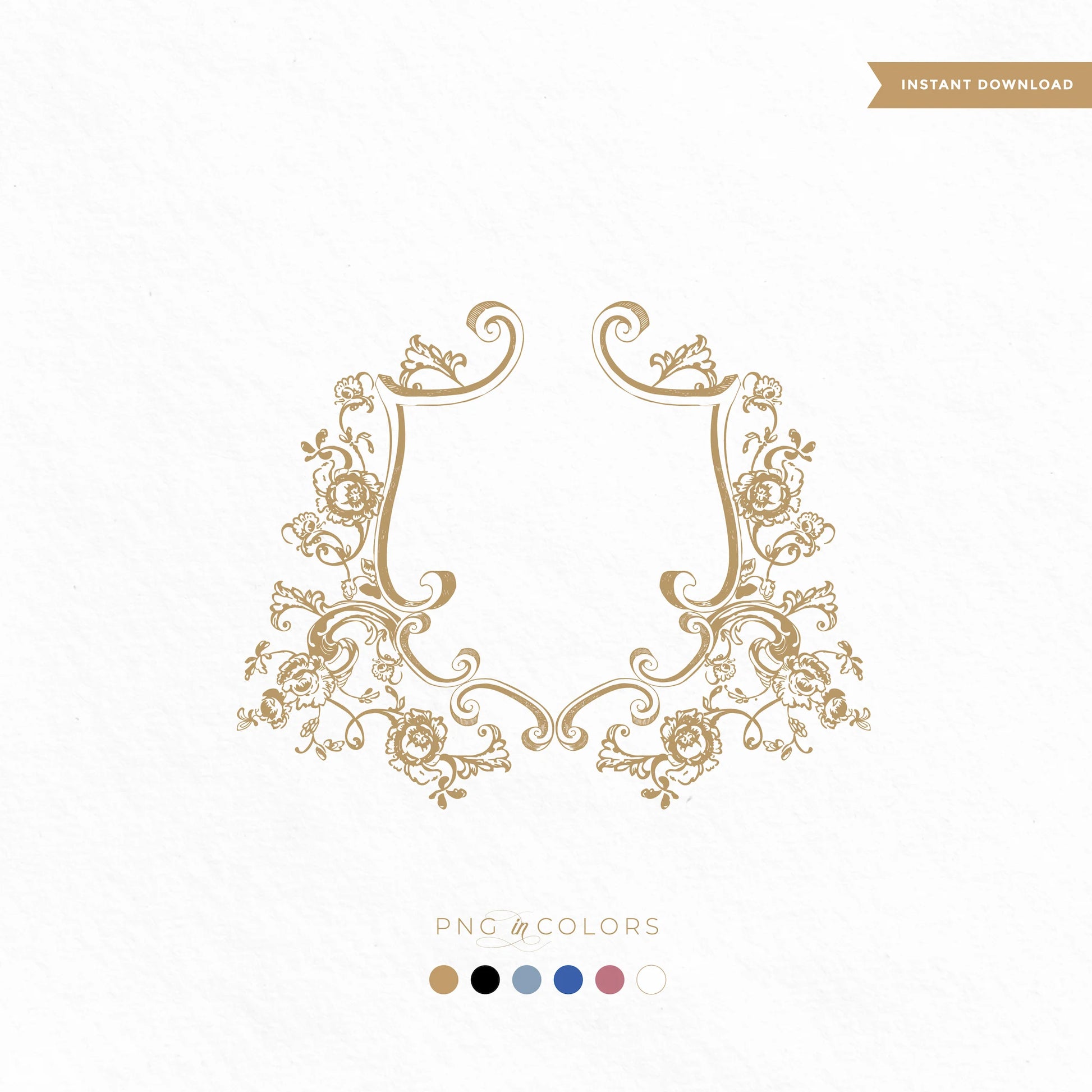 Vintage floral wedding crest SVG and PNG in gold with ornate botanical scrolls — perfect for elegant monograms, invitation branding, and luxury wedding stationery.